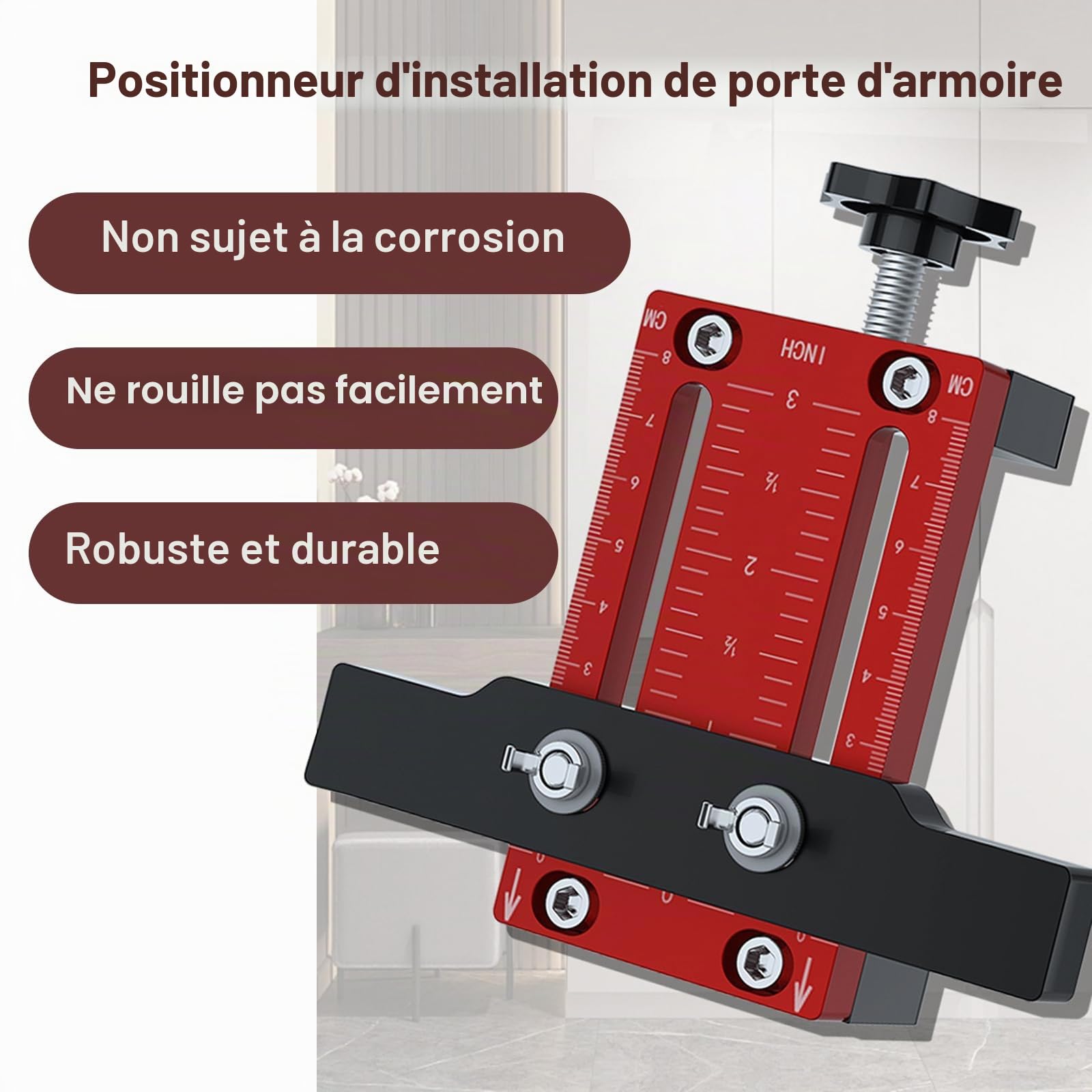 Positionneur d'installation de porte d'armoire, Cabinet Door Installation Positioner, longueur réglable de 10 à 60 mm, outil de positionnement de porte d'armoire compatible avec la plupart des