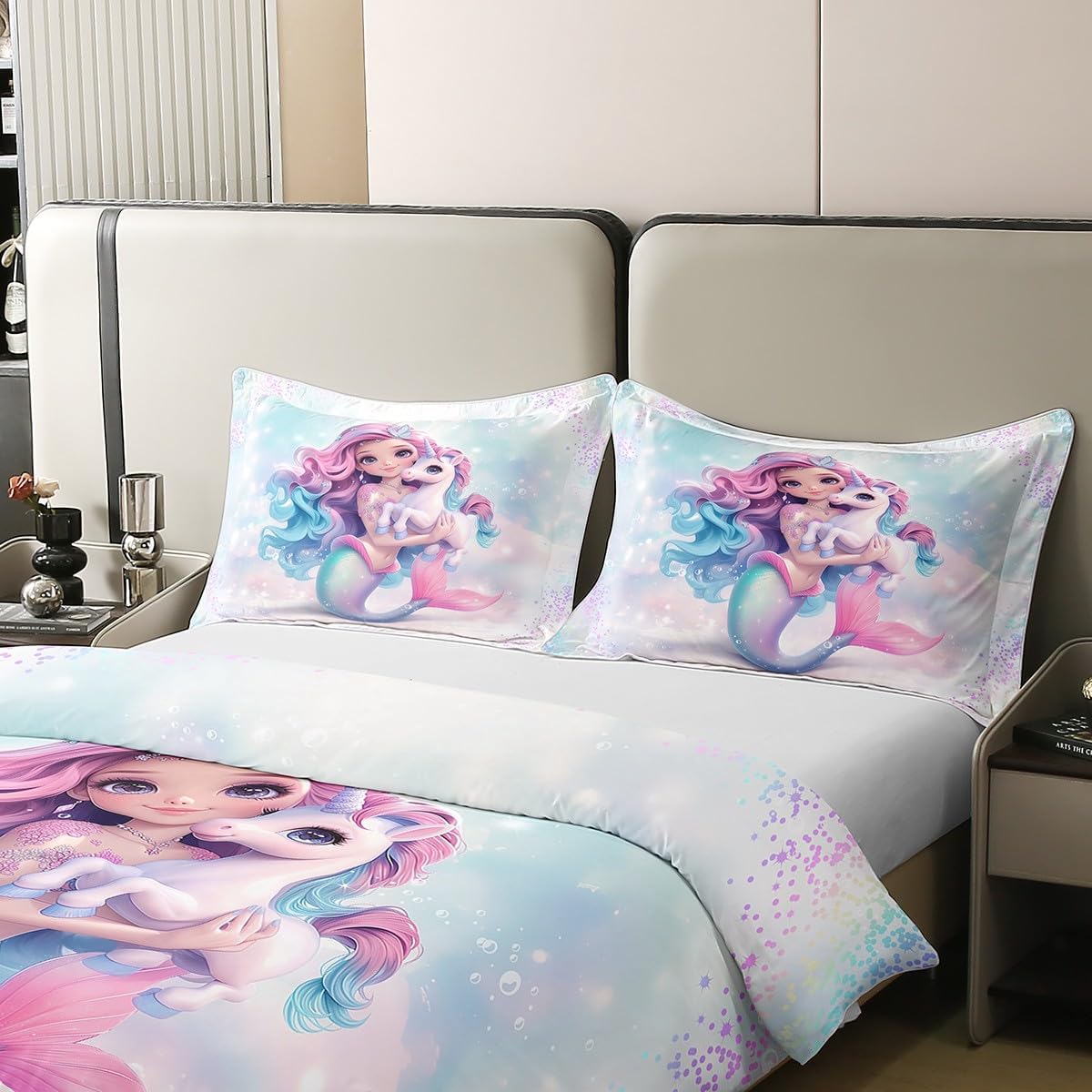 jejeloiu Mermaid Cotton Duvet Cover Set Kids Twin Size Princess Mermaid Scale Bedding Set Unicorn Comforter Cover Set Room Decor Bedspread Cover,No Stuffing