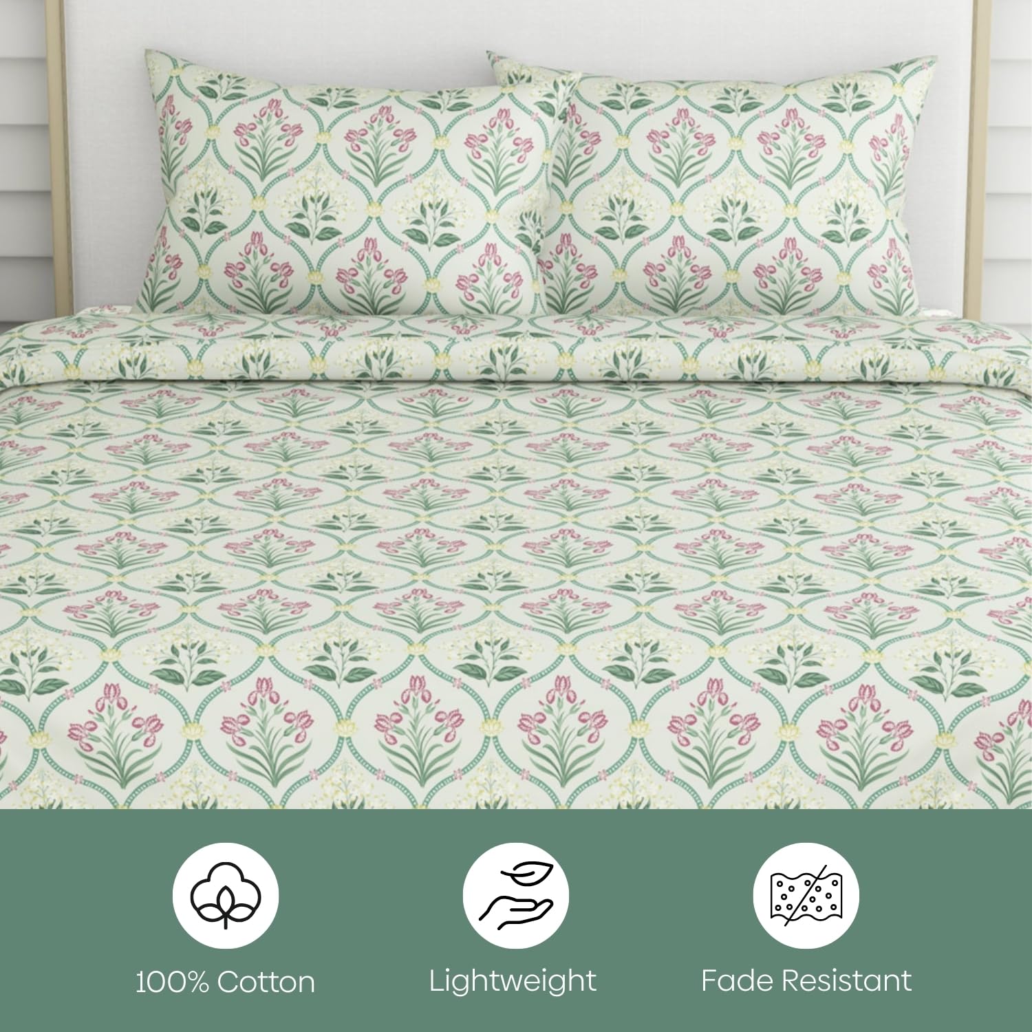 haus & kinder Pure Cotton Queen Size Floral Bedsheet with 2 Pillow Cases, 186 TC Bedsheet for Double Bed, 90X100 Inches Bed Sheet-Green Blossom 3