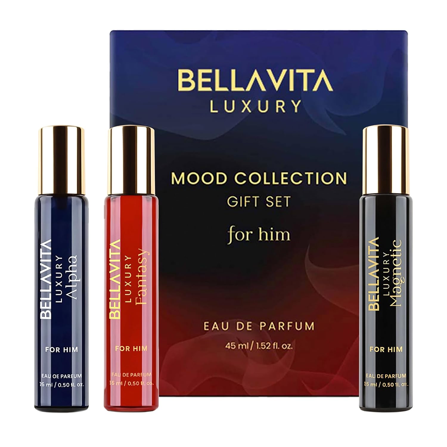 BELLAVITA Mood Collection Gift Set 3x15ML for Men | Alpha, Fantasy & Magnetic EDP Liquid Perfume | with Vanilla, Benzoin and Cedarwood | Fruity, Woody, Fresh Long Lasting Fragrance Scent