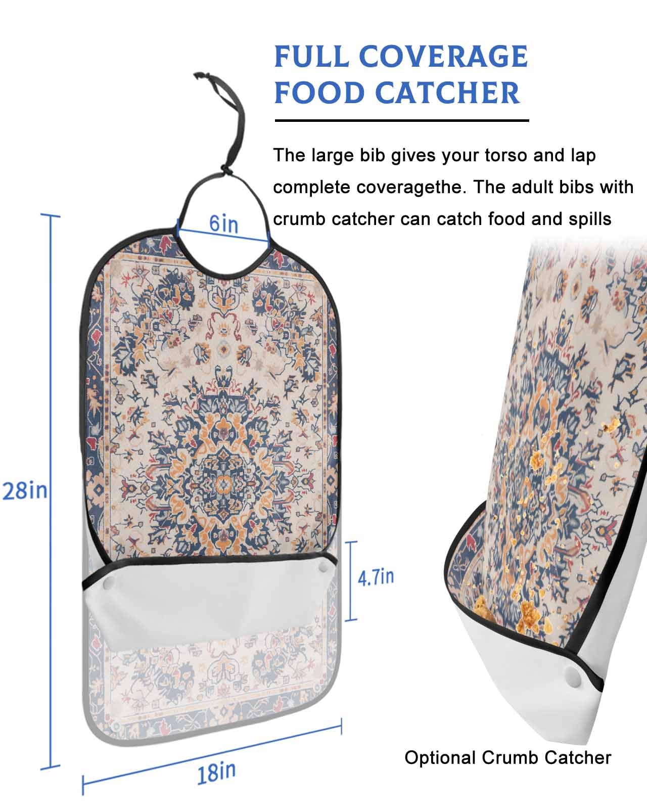 LEOKOTI Orange Blue Boho Adult Bibs for Eating, Waterproof Bibs with Food Catcher & Snap Closure, Southwestern Ethnic Rustic Mexican Flowers Washable Clothing Protectors Adult Bibs for Elderly