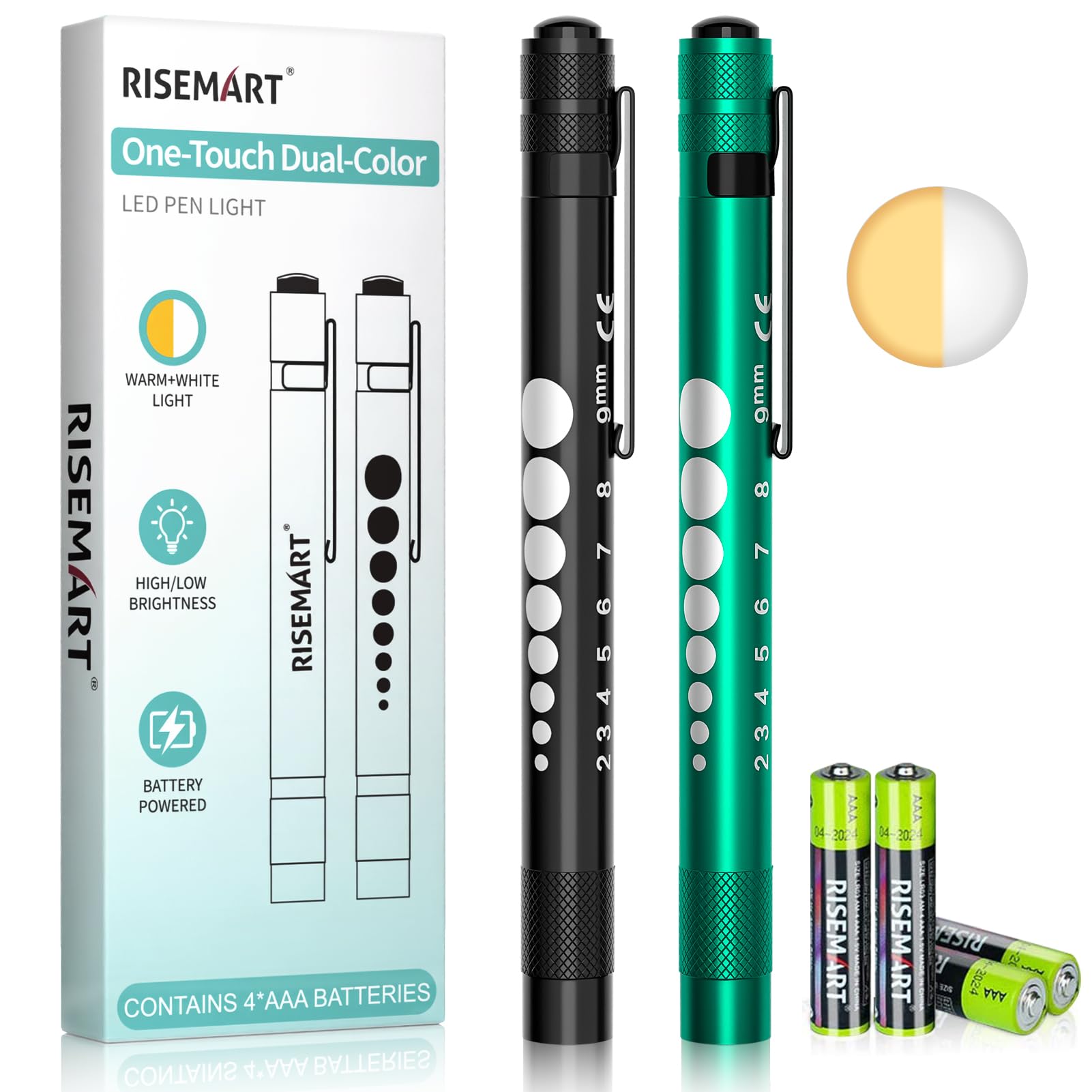 RISEMART 2 Pack Pen Light for Nurse with 2 Light Modes (White/Warm Yellow)