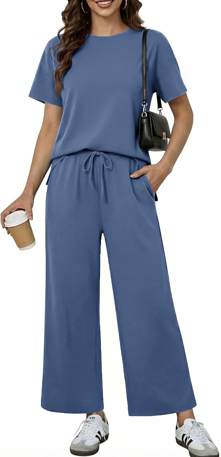 PINSPARK Soft 2 Piece Sets for Women Short Sleeve Matching Lounge Set Wide Leg Pants Tracksuit Travel Summer Outfits 2026