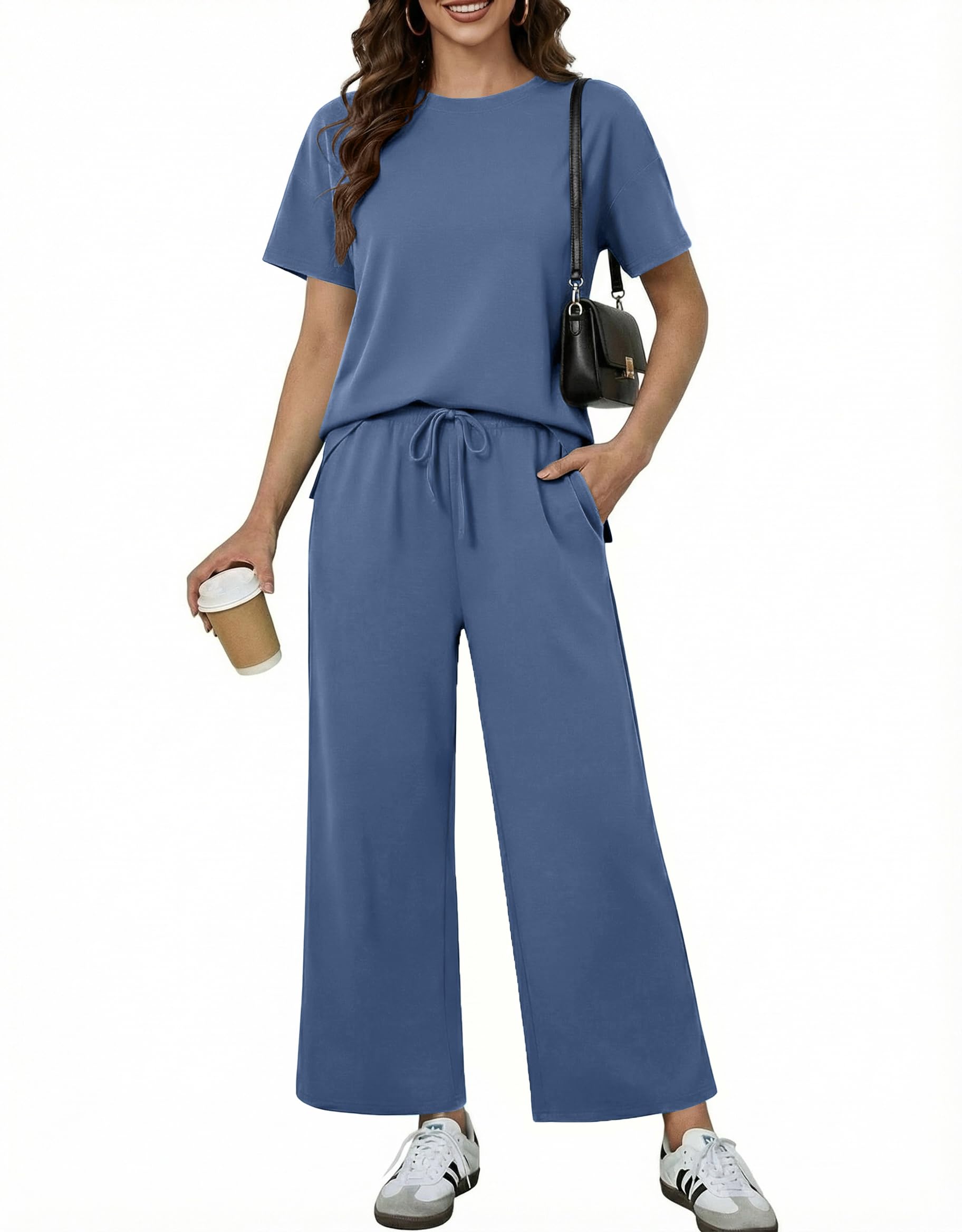 PINSPARK Soft 2 Piece Sets for Women Short Sleeve Matching Lounge Set Wide Leg Pants Tracksuit Travel Summer Outfits 2026