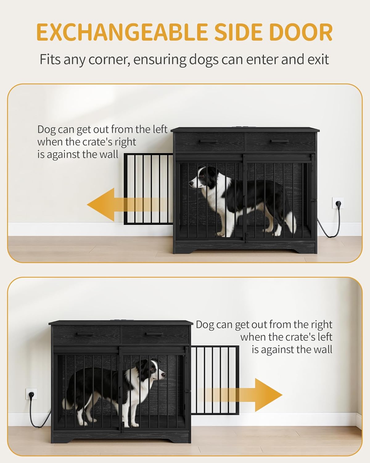 38.2'' Dog Crate Furniture with Charging Station, Barn Door Dog Kennel Indoor with 2 Storage Drawers, Wooden Pet Cage End Side Table for Medium/Large Dogs, Chew-Proof, Black DFC90304B