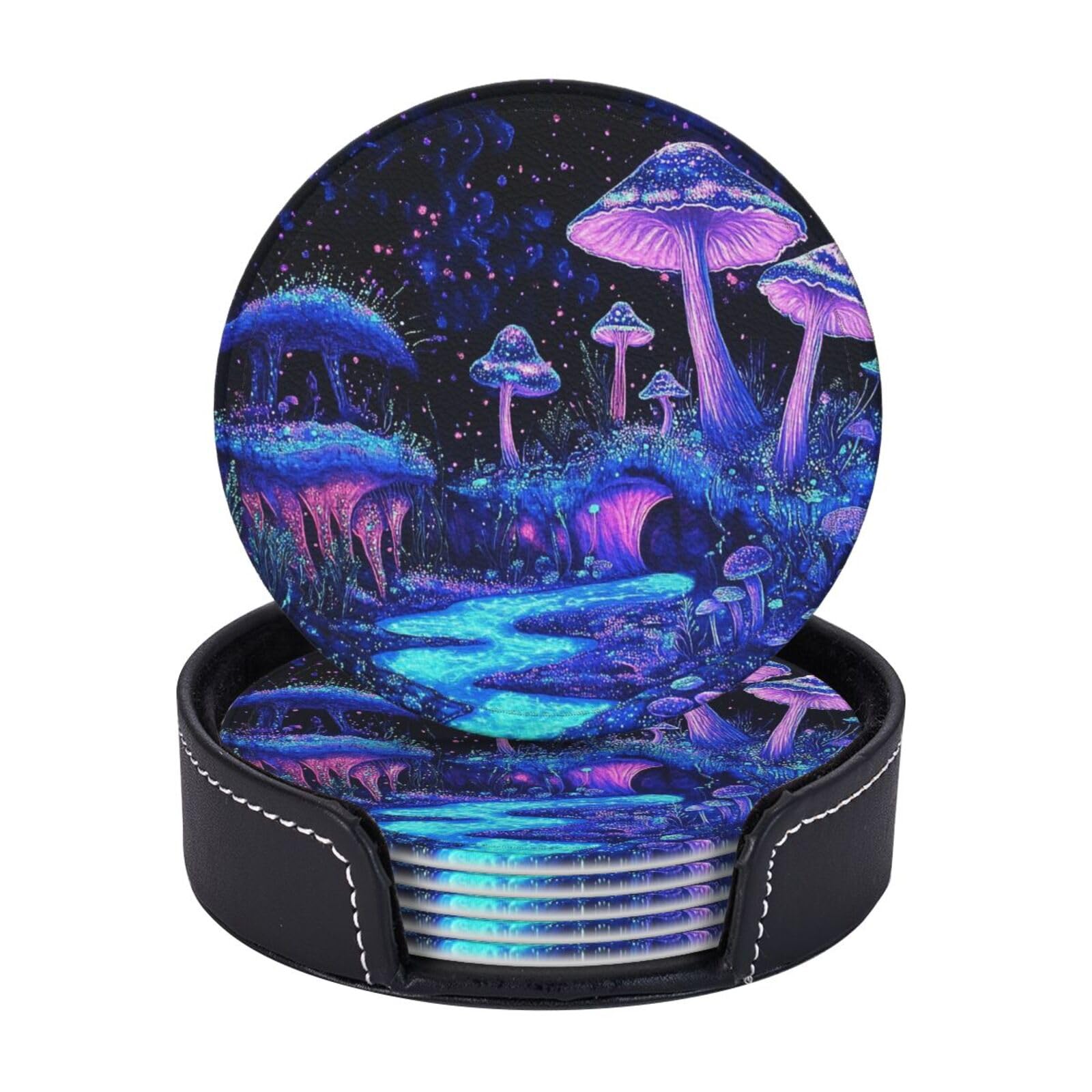 Drink Coasters 6Pcs Round Leather Coaster with Holder Glow in The Dark Coasters for Drinks Coffee Cup Mat Heat Resistant Coaster for Tabletop Protection Desk Accessories Office Home Decor