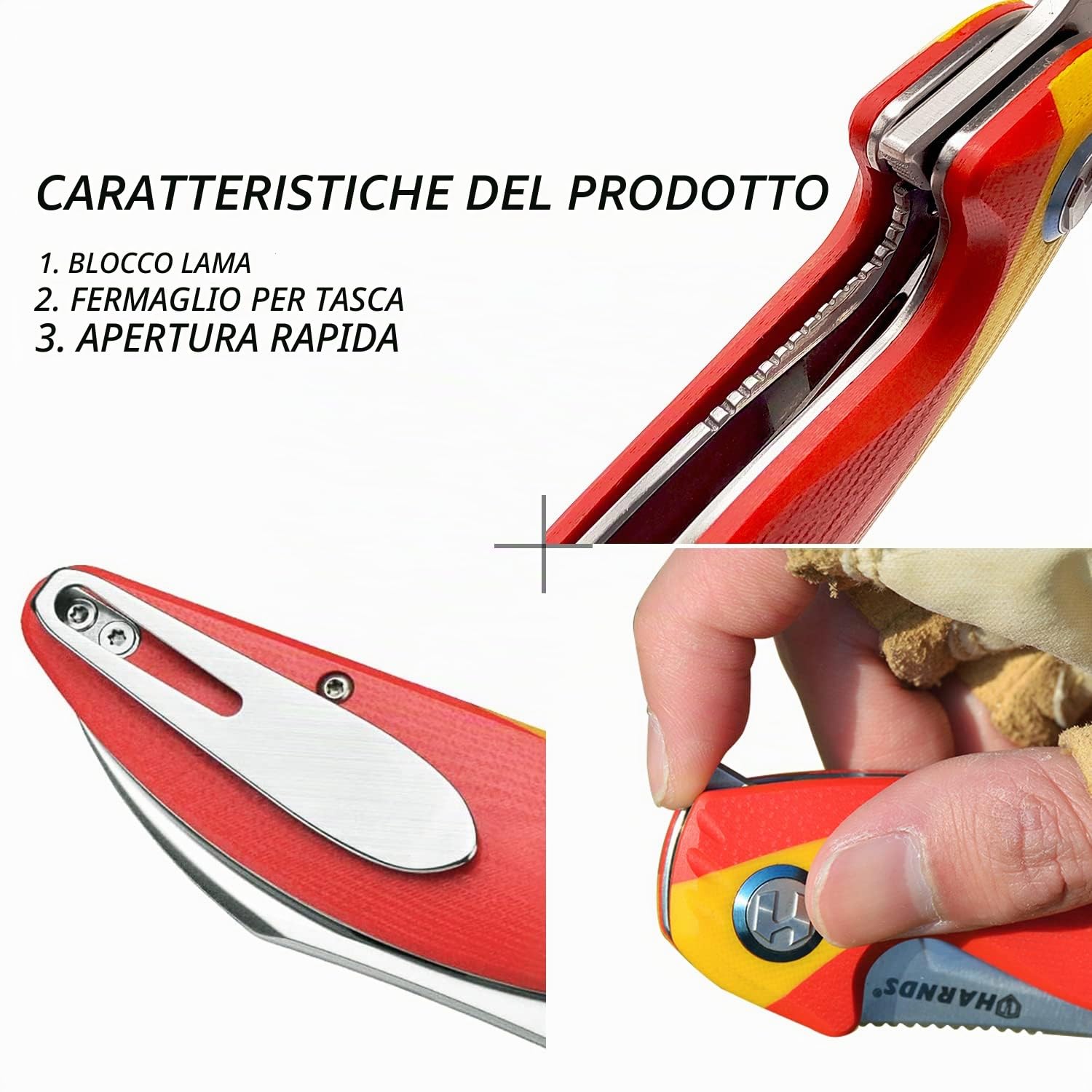 HARNDS Parrot Premium Coltello pieghevole con lama Sandvik 14C28N da 3,58" e manico in G10 con clip, chiusura con liner per l'EDC e il campeggio all'aperto. (Rosso & giallo)