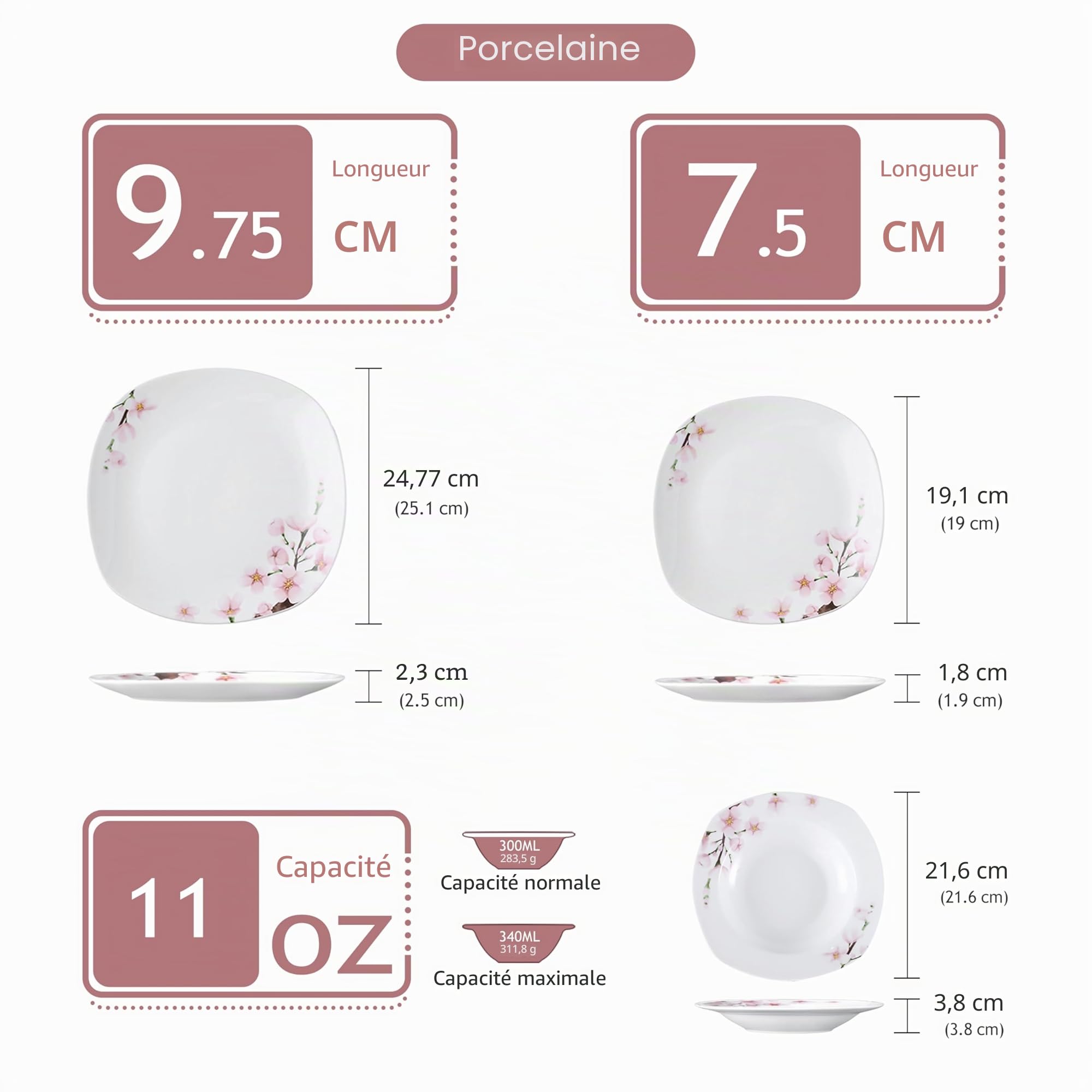 VEWEET Service de table « Annie » en porcelaine - 18 pièces - Pour 6 personnes - Avec 6 assiettes à dessert, 6 assiettes creuses et assiettes plates