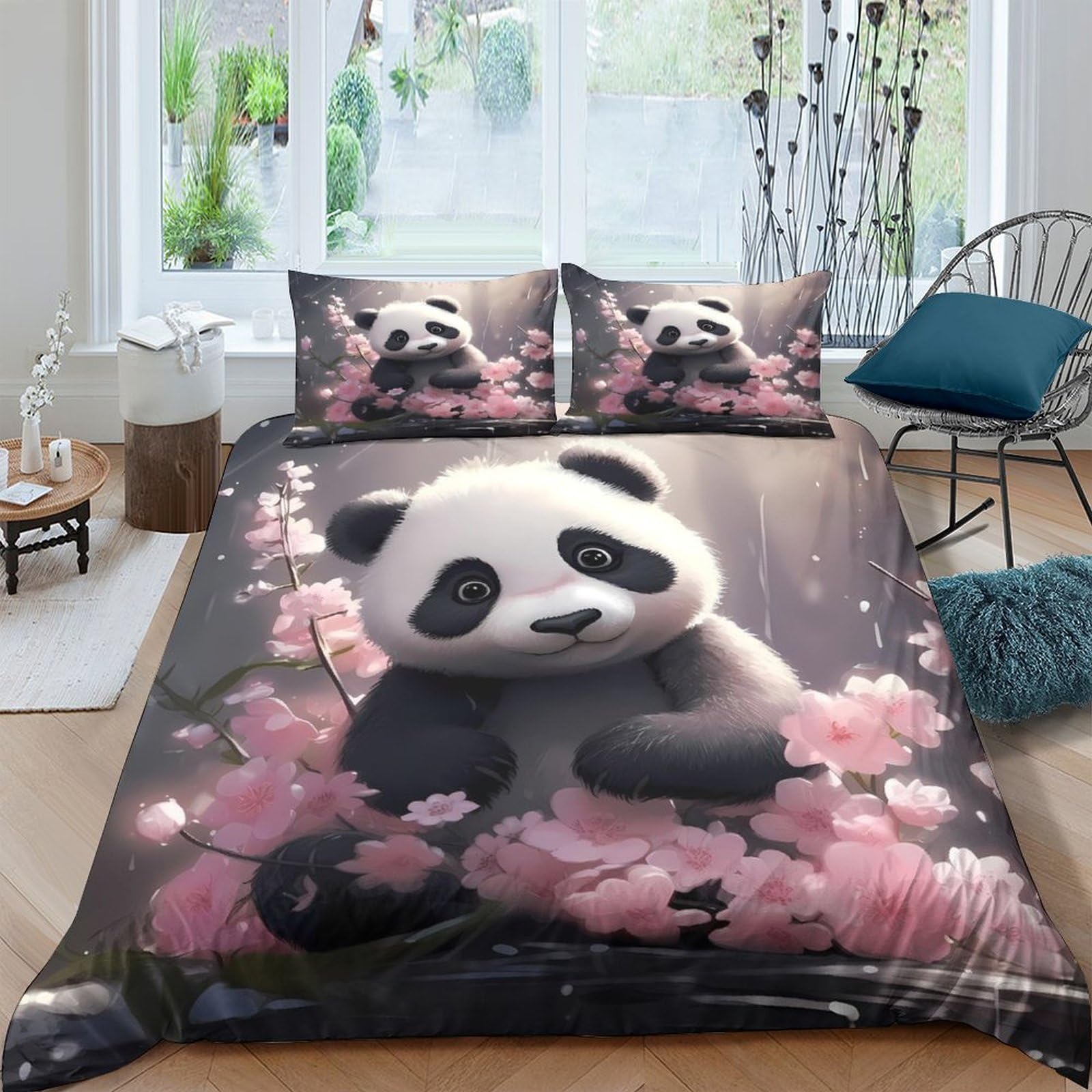 Ctjqhvkz Style-3 3D Printed Cute Panda Fitted Sheet Microfiber Soft Pink Blossom Bed Cover For Adult Teen Bedroom Decor Easy Care Single（135X200cm）