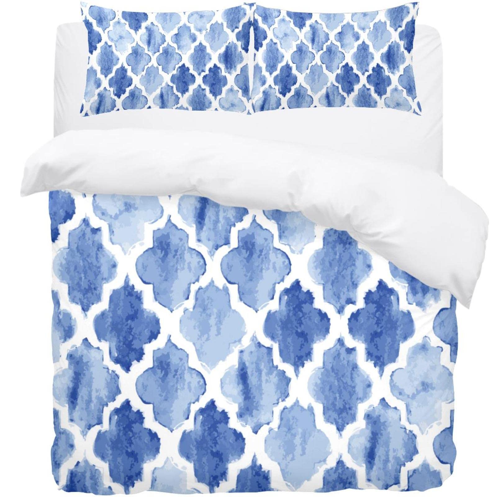 Housse de couette bleu aquarelle et sa parure de lit au style géométrique marocain élégant