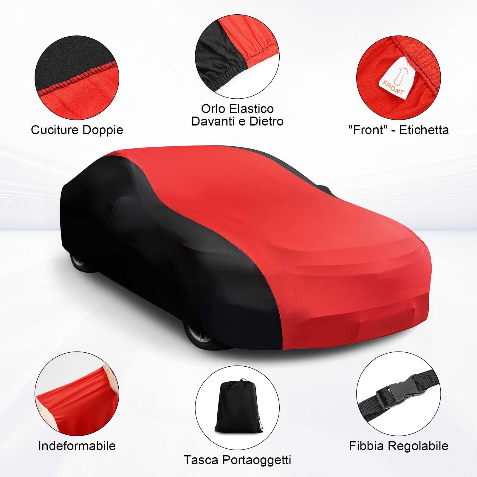 Telo Copriauto Elastico per Interni, Telo Copriauto da Interno Universale Adatto a Berline, Auto Sportiva, SUV, Traspirante e Antipolvere, Morbido al Tatto, Aderente, Nero e Rosso, L