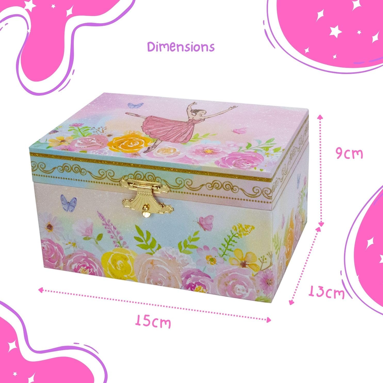 GICO 92072 Joyero bailarina para niñas reloj infantil con música, figura giratoria y espejo, regalo de cumpleaños para niñas, caja de joyas para niños, 15 x 13 x 9 cm