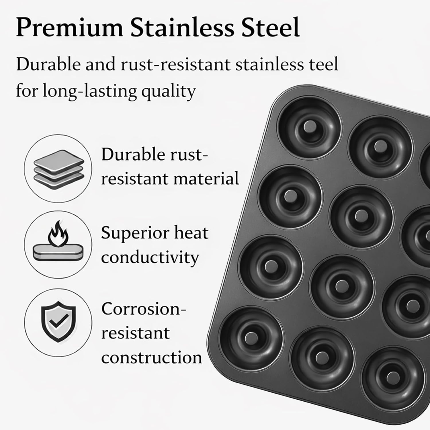 Ring Donut Baking Pans, 12-Cavity Mini Bundt Donut Mold, Non-Stick Carbon Steel Donut Pan for Baking Donuts, Cakes & Desserts, Set of 2, Gray