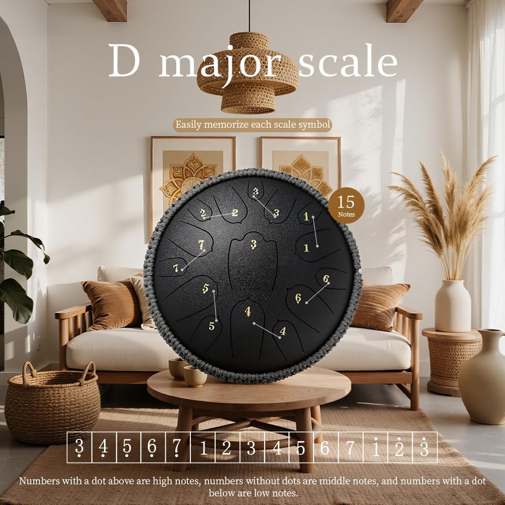 Rain Drum for Outside, 12 Inch 15 Notes Steel Tongue Drum, D Major Percussion Instrument with Soft Bag, Mallets & Music Book, Zen Garden Decor for Meditation, Yoga & Sound Healing (Black)