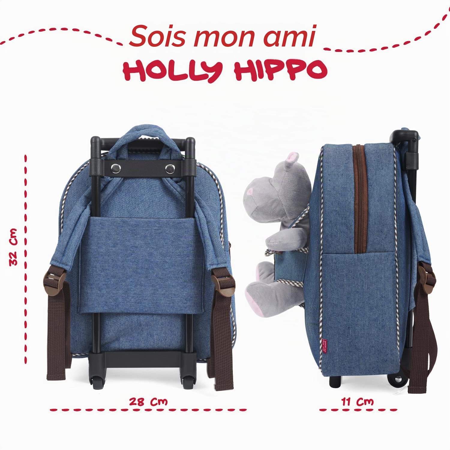 PERLETTI Sac à Roulette Scolaire Maternelle et Peluche Douce pour Enfant 3 4 5 Ans - Mini Sac à Dos avec Roues et Animal Doudou Amovible pour Fille Garçon - Sacoche Garderie avec Jouet - 29x32x11 cm