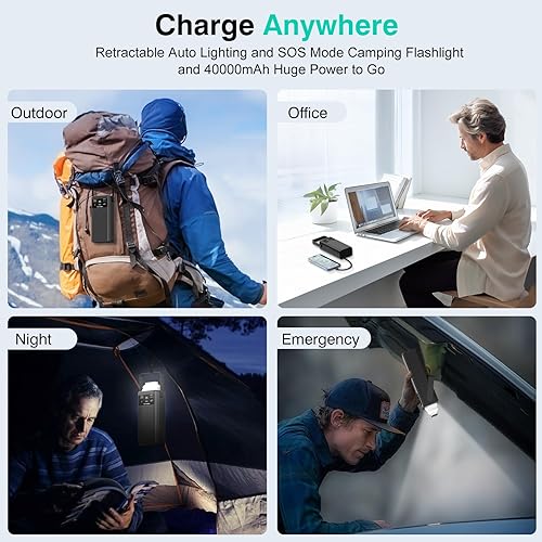 Miniatura 4 de Cargador portátil de 40000 mAh, cable integrado, PD de 22.5 W, cargador de batería externa con pantalla LED con iluminación automática retráctil,