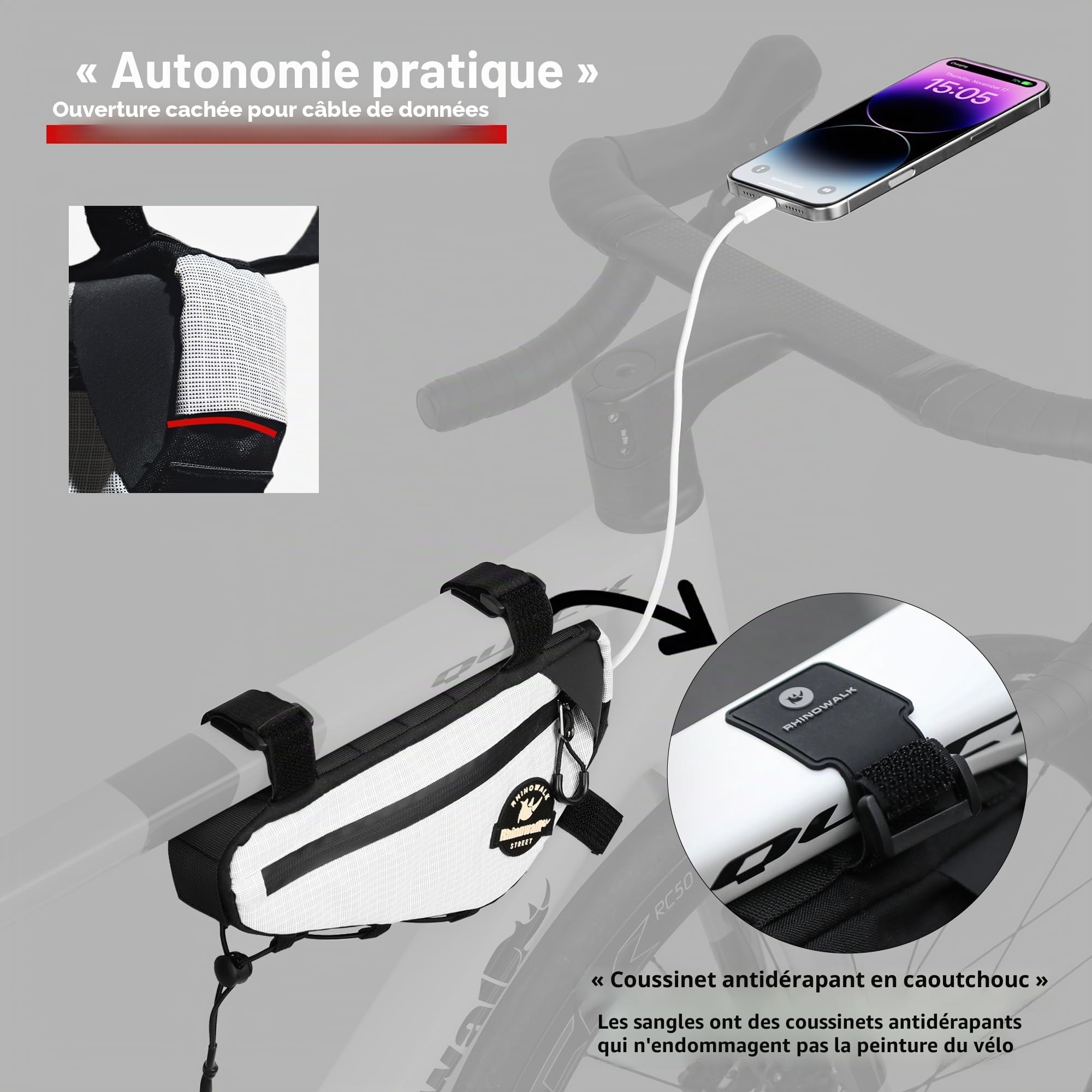 Rhinowalk Sacoche de cadre de vélo étanche - Sacoche triangulaire pour vélo - Accessoires de cyclisme professionnels - Blanc pour Bicyclette