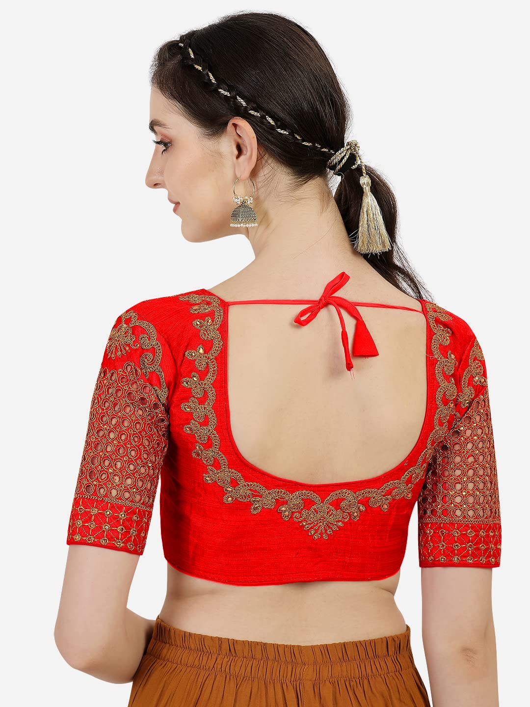 Pujia Mills Women's Silk Checks Half Sleeve Blouse (Jali New Variation Blouse_Red_Free Size)