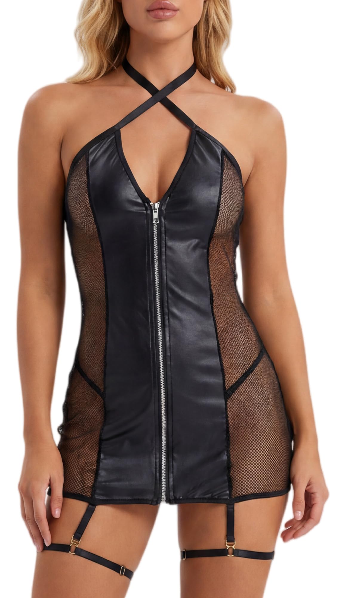 Vestido corto de malla transpirable y textura efecto piel 6