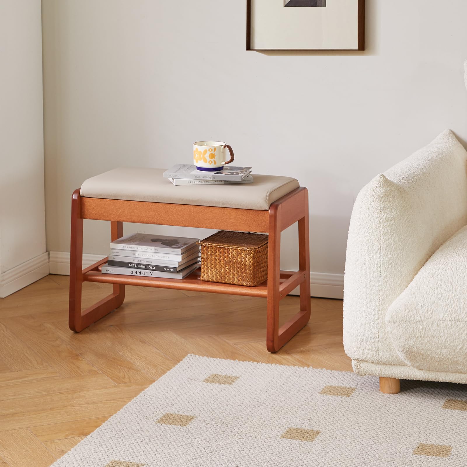 Aibiju Drewniana ławka na buty z klapką do przechowywania, 2-poziomowa ławka na buty wejściowe, stojak na buty 60 cm z poduszką do salonu, kolor drewna wiśniowego YD-WD060C