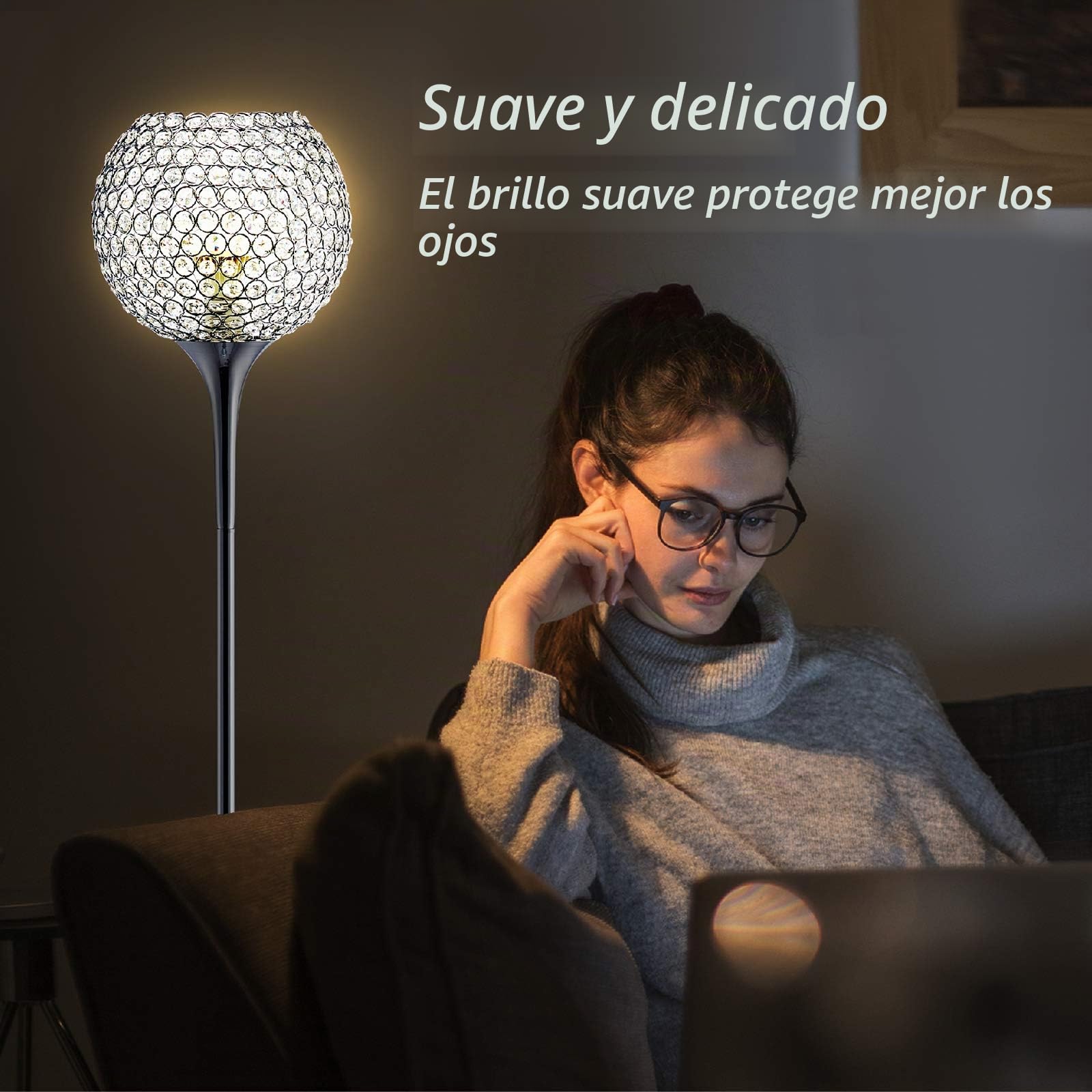 Lampara de Pie Salon Cristal Modernas, Control de Interruptor de Pie Lámpara de Pie, Portalámparas E27 (Plata Galvanizada)