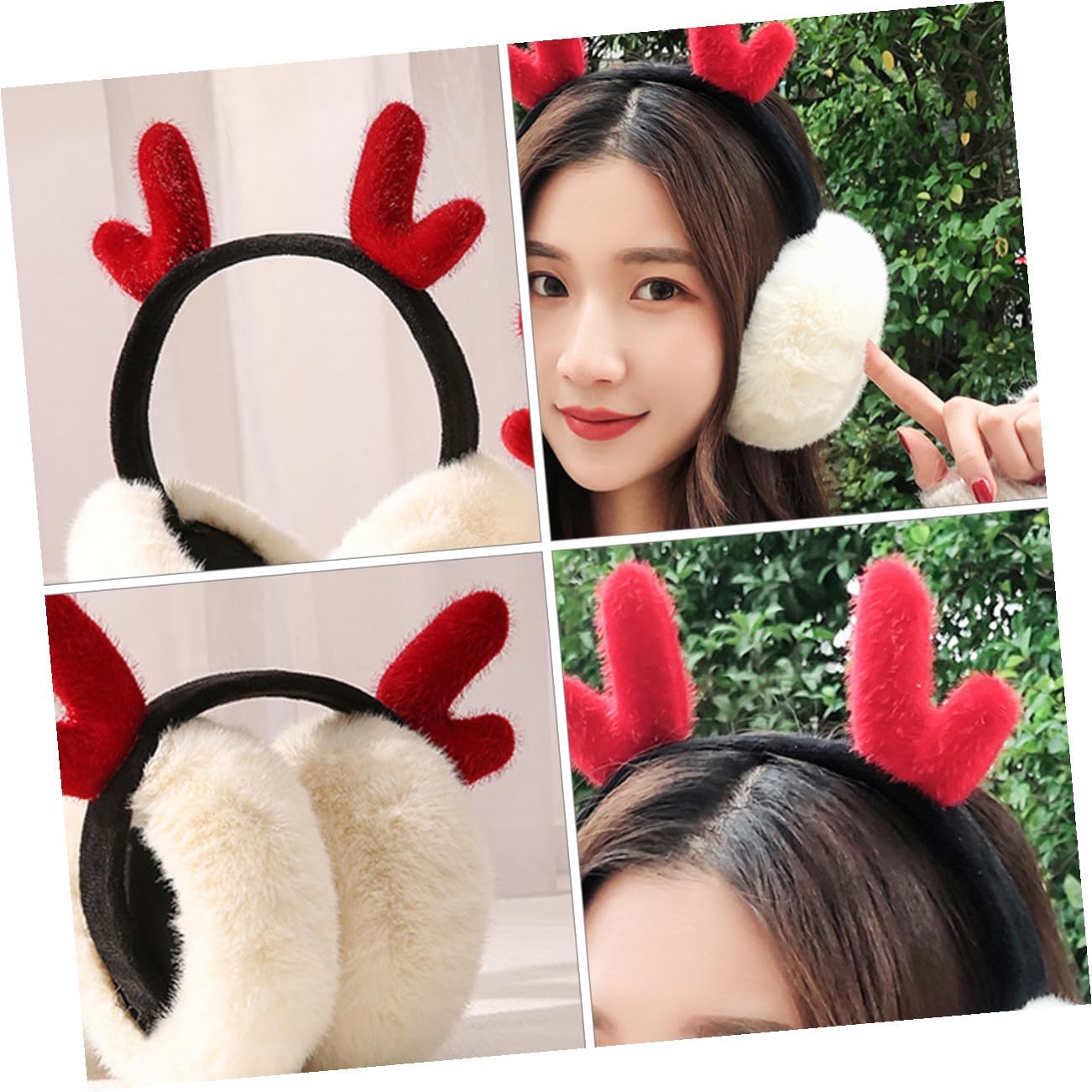 Outanaya Ladies Plush Antlers Earmuffs Winter Ear Warmers White with Red Antlers Soft Ear Covers for Outdoor Cold Weather