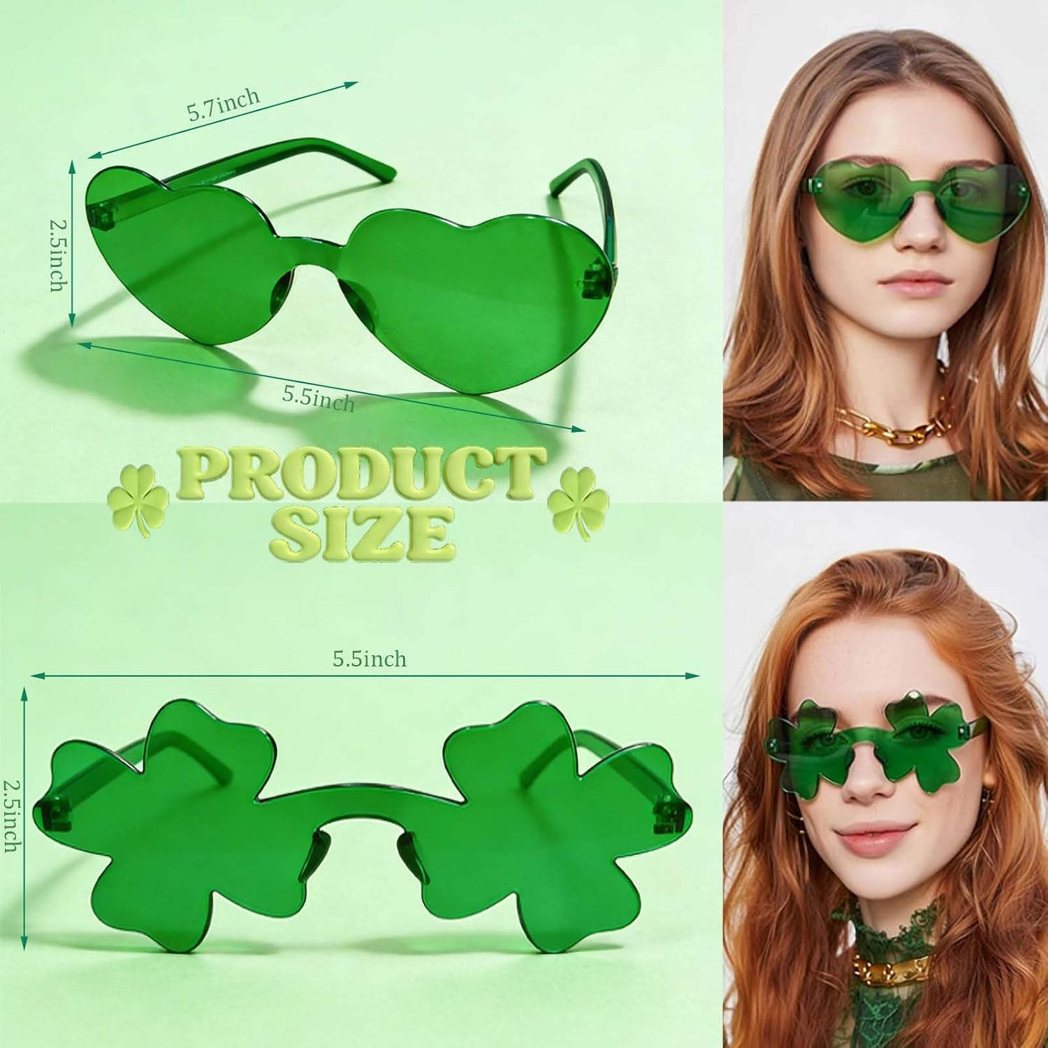 Go Ho 2 Pairs Green Sunglasses, Heart & Shamrock Glasses Clover Eyewear, Green Accessories for Women Men Party Favor Supply, Photo Booth Props