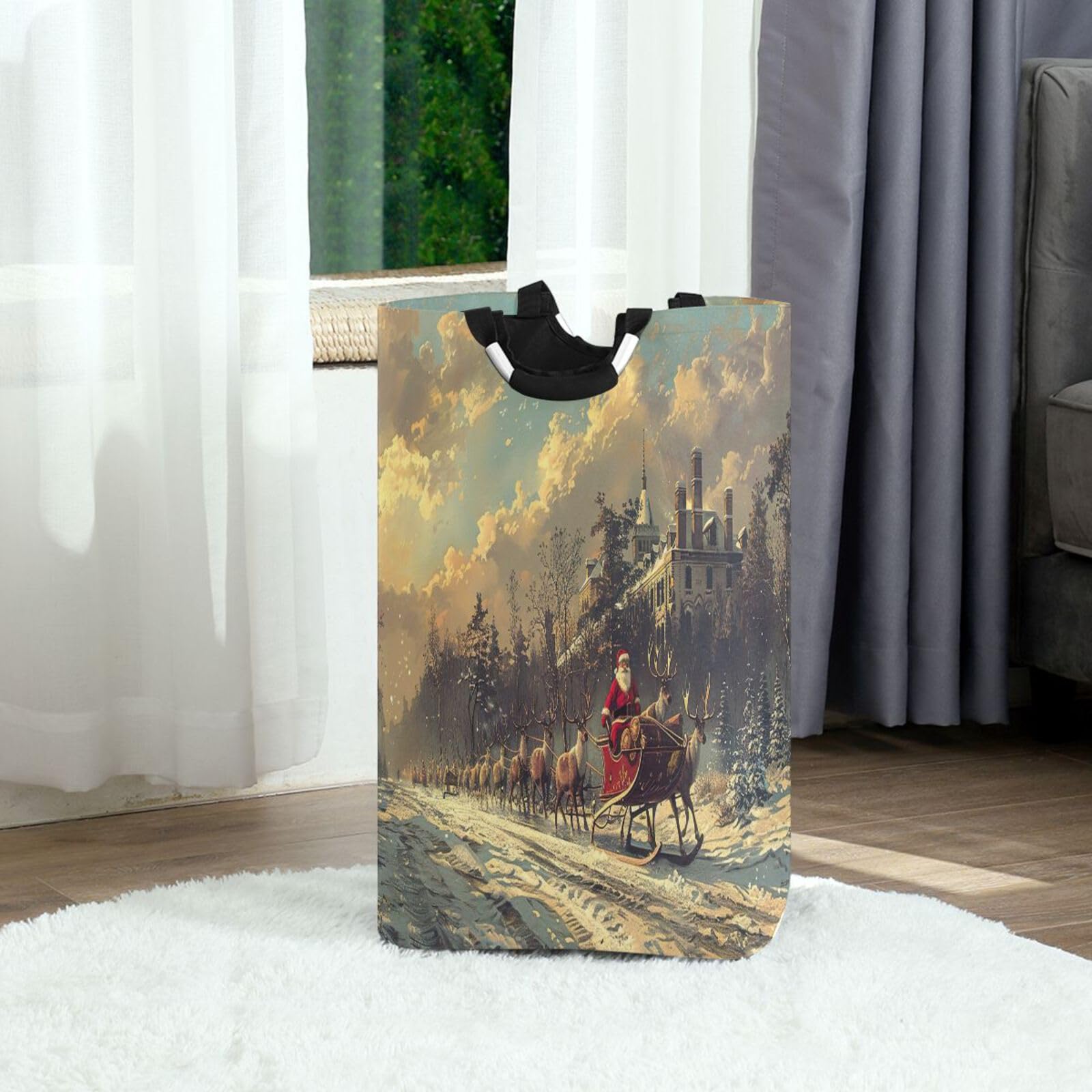 Jihqo Laundry Hamper Basket Christmas Santa Collapsible Nursery Storage Bin Waterproof Clothing Baskets for Home Bedroom Bathroom Washing Room