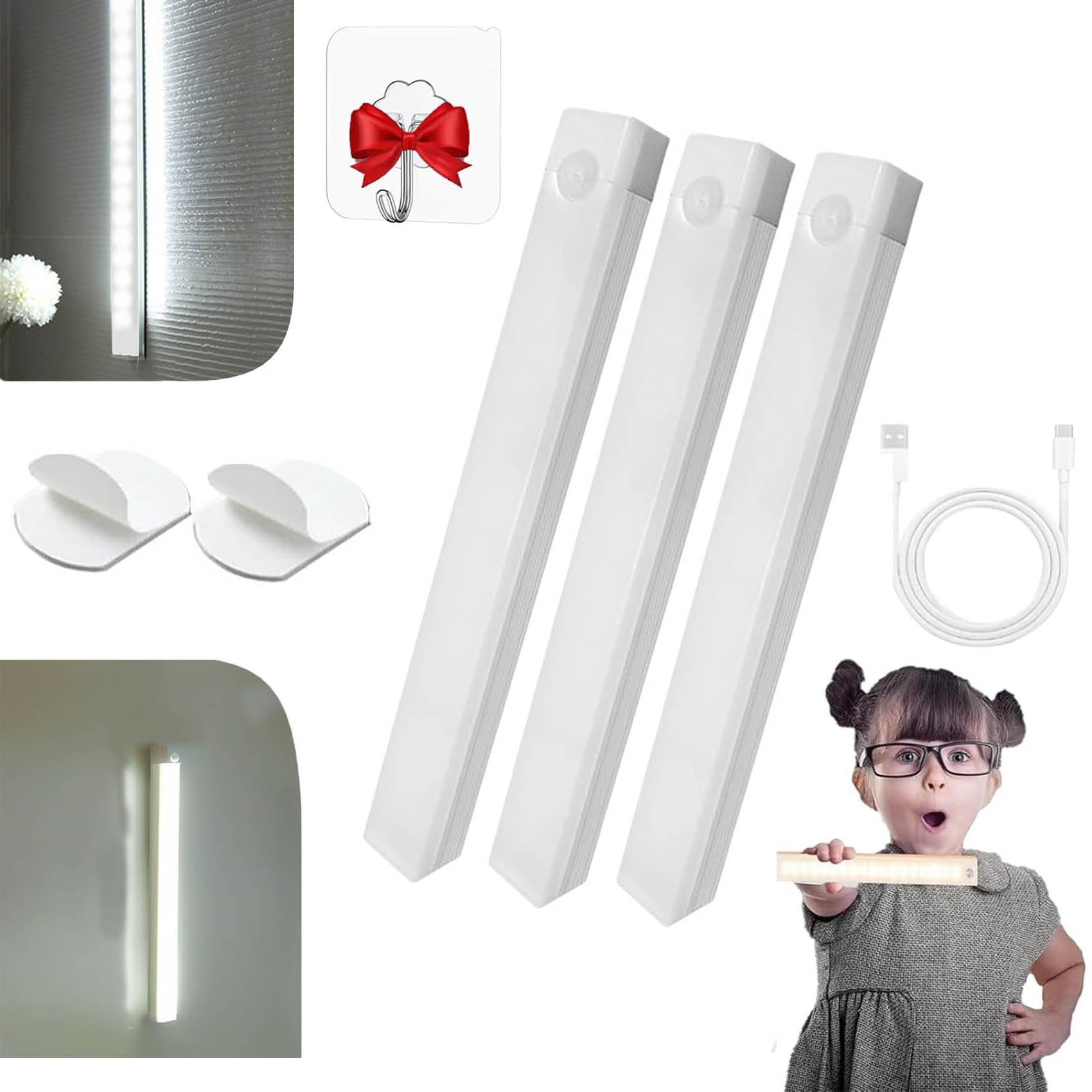 Zhkvag White Punch-Free Smart Sensor Magnetic Rechargeable Led Lights, 4 In Motion Sensor Light Indoor, Rechargeable Motion Activated Cabinet Lights, Cordless Under Cabinet Bedroom Stair Led Lighting (,3)