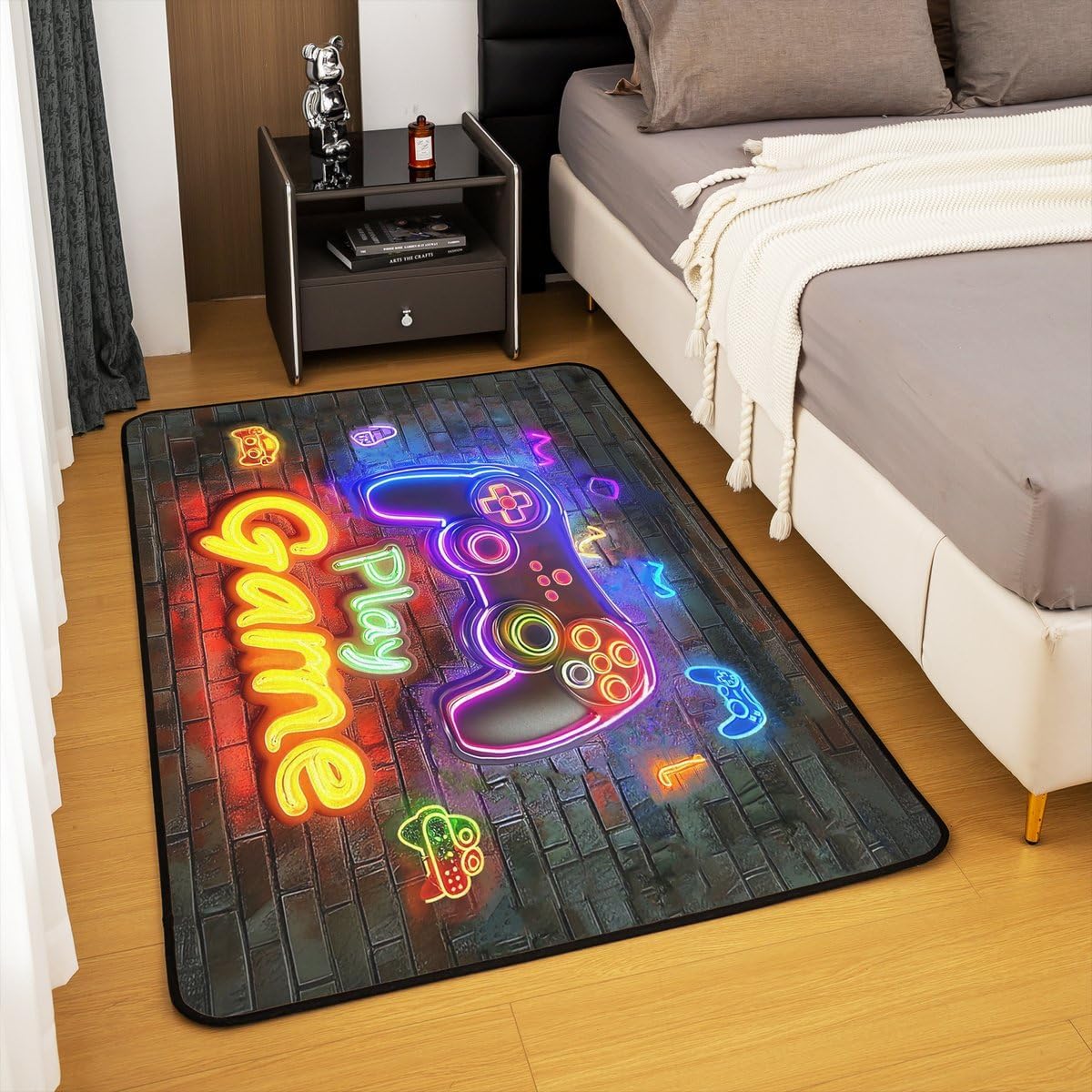 Erosebridal Gamer Gaming Carpet for Boys,Retro Neon Gaming Area Rug 5x7 Non Slip Washable for Girls Kids Teen,Video Game Decorative Accent Rug,Space Play Gamepad Indoor Floor Mat Game Room Decor