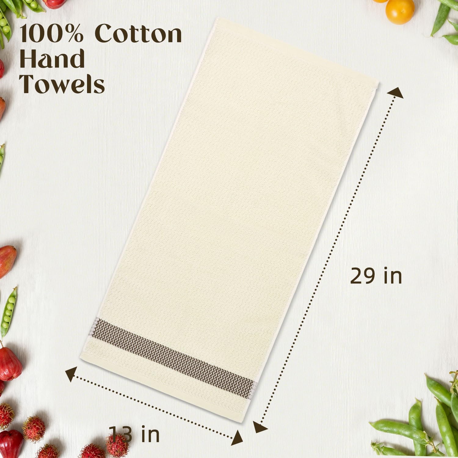 Cleanbear Hand Towels Set of 2, 100% Cotton Soft Absorbent Towels with Wavy Jacquard Border for Bathroom & Kitchen Decor, Cream, 13 x 29 Inches - Image 2