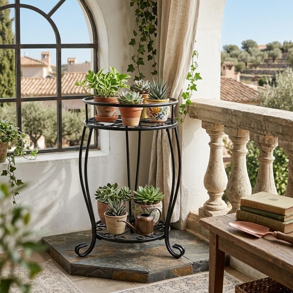 2 Etagen Pflanzenständer Metall Schwarz, Rostfreier | Blumenständer für Wohnzimmer & Balkon, Stabiles Pflanzengestell mit Blumenmuster, Topfhalter für regal für Garten Innen