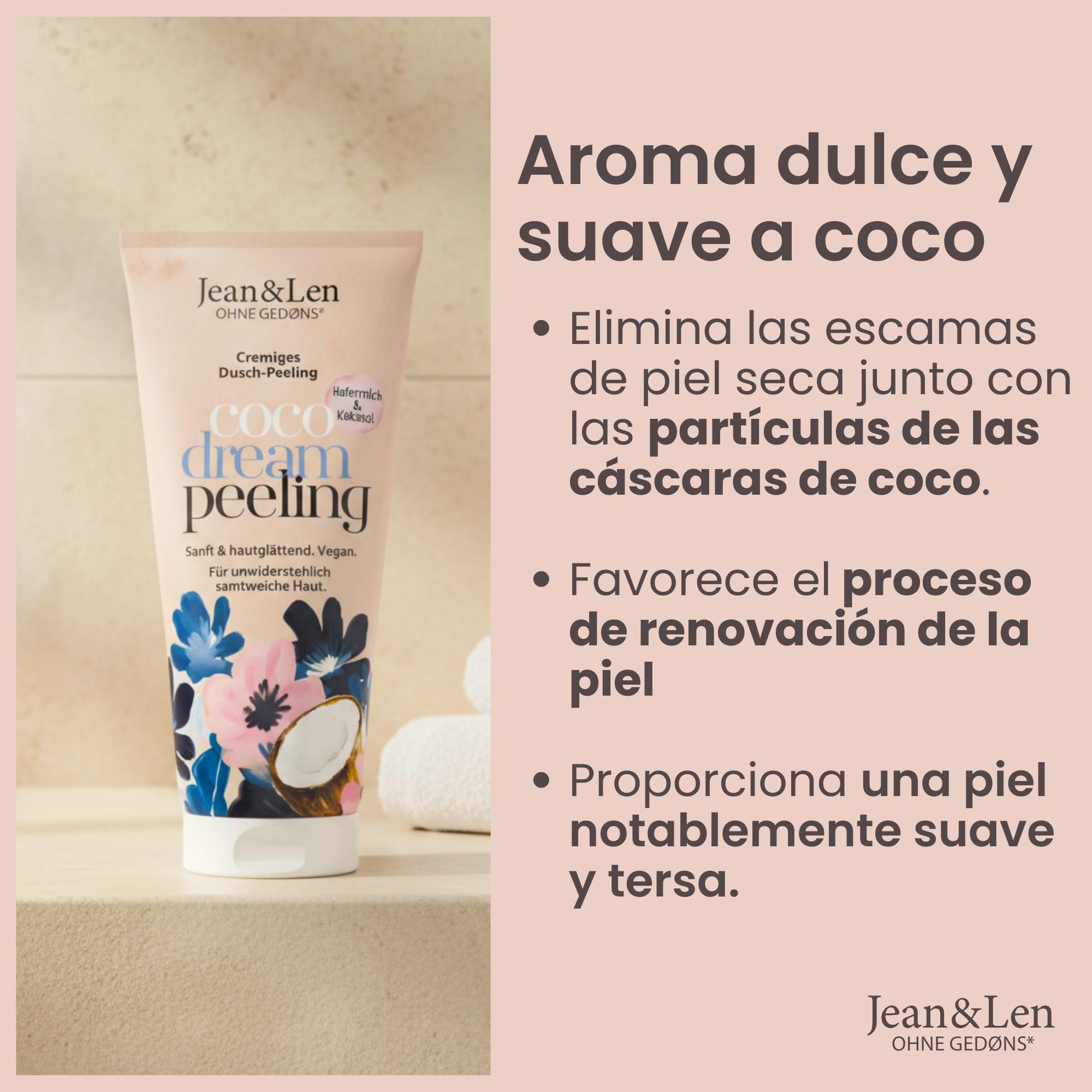 Jean & Len Exfoliante de ducha Leche de avena y coco, con partículas exfoliantes de cáscara de coco, elimina las células muertas, deja la piel aterciopelada, sin siliconas, Body Scrub vegano, 200 ml