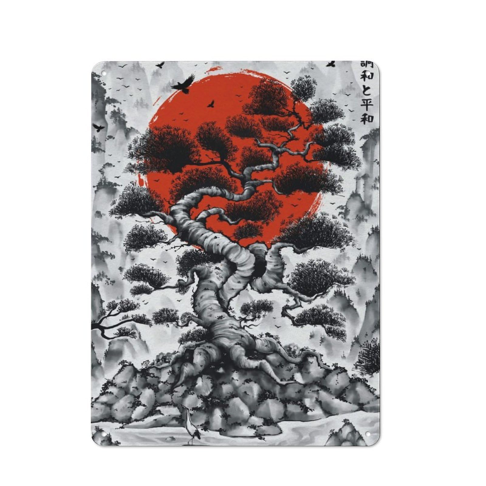 Junmoney Japanese Bonsai Tree Ink For Garden Room Or Summerhouse, Vintage Tin Sign 40X30cm, A Metal Wall Feature For Garden Rooms And Summerhouses