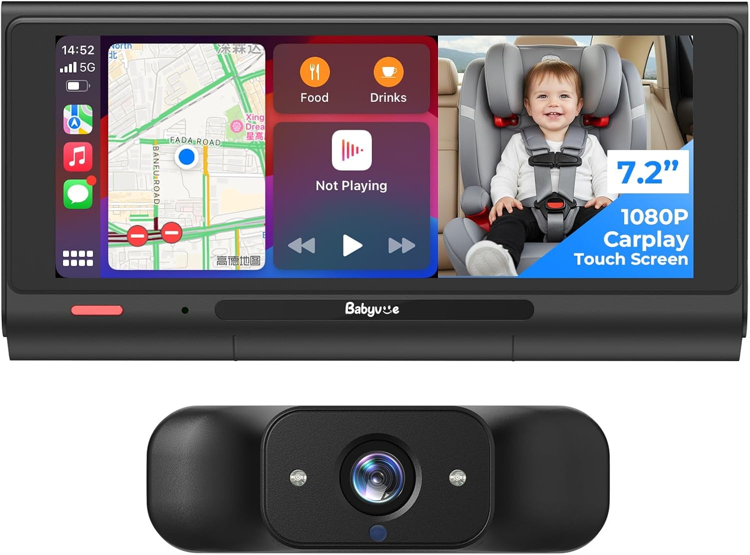 Babyvue BV7 7.2″ Baby Car Camera with Carplay Split Screen and Recording, 1080P IR Night Vision Car Baby Monitor, Foldable Stand, Sleep Mode, Easy Install & Quick Pairing for Safer Driving