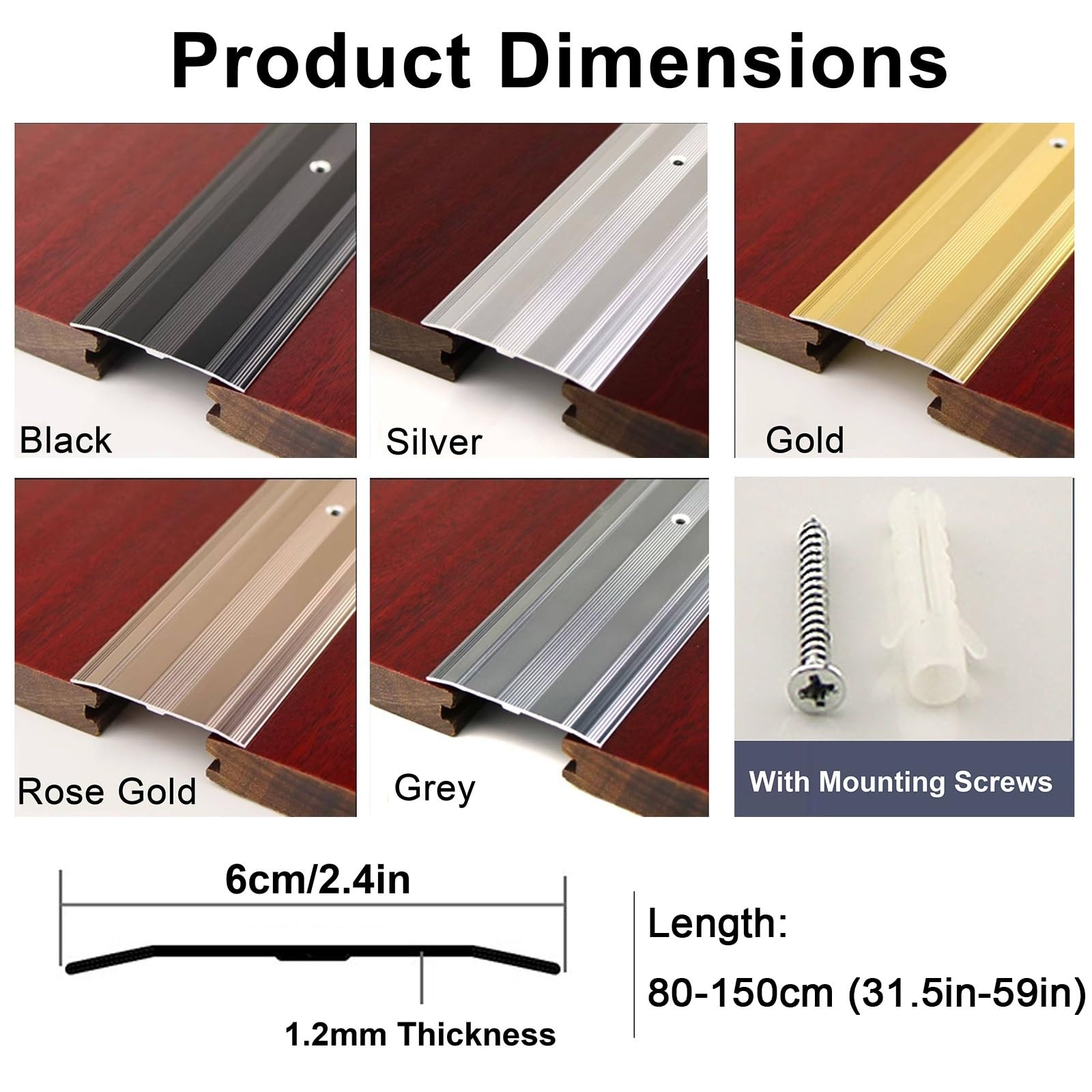 Bardzo szeroka aluminiowa listwa progowa do drzwi 6 cm, 150 cm / 59in, bezszwowe złącze podłogowe do drewna do płytek, srebrne wypełnienie szczeliny, trwałe i stylowe rozwiązanie przejściowe