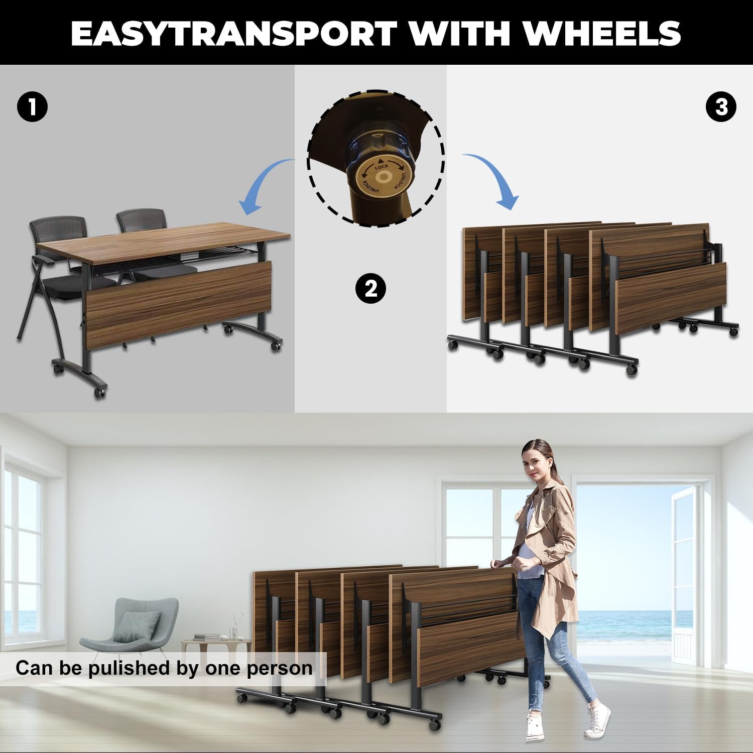 Conference Tables Folding Conference Room Tables,55.1x23.6x29.5 Inches Flip Top Training Meeting Table with Wheels,Modern Rectangle Seminar Boardroom Table for Office Conference Room (Walnut, 8 Pack)