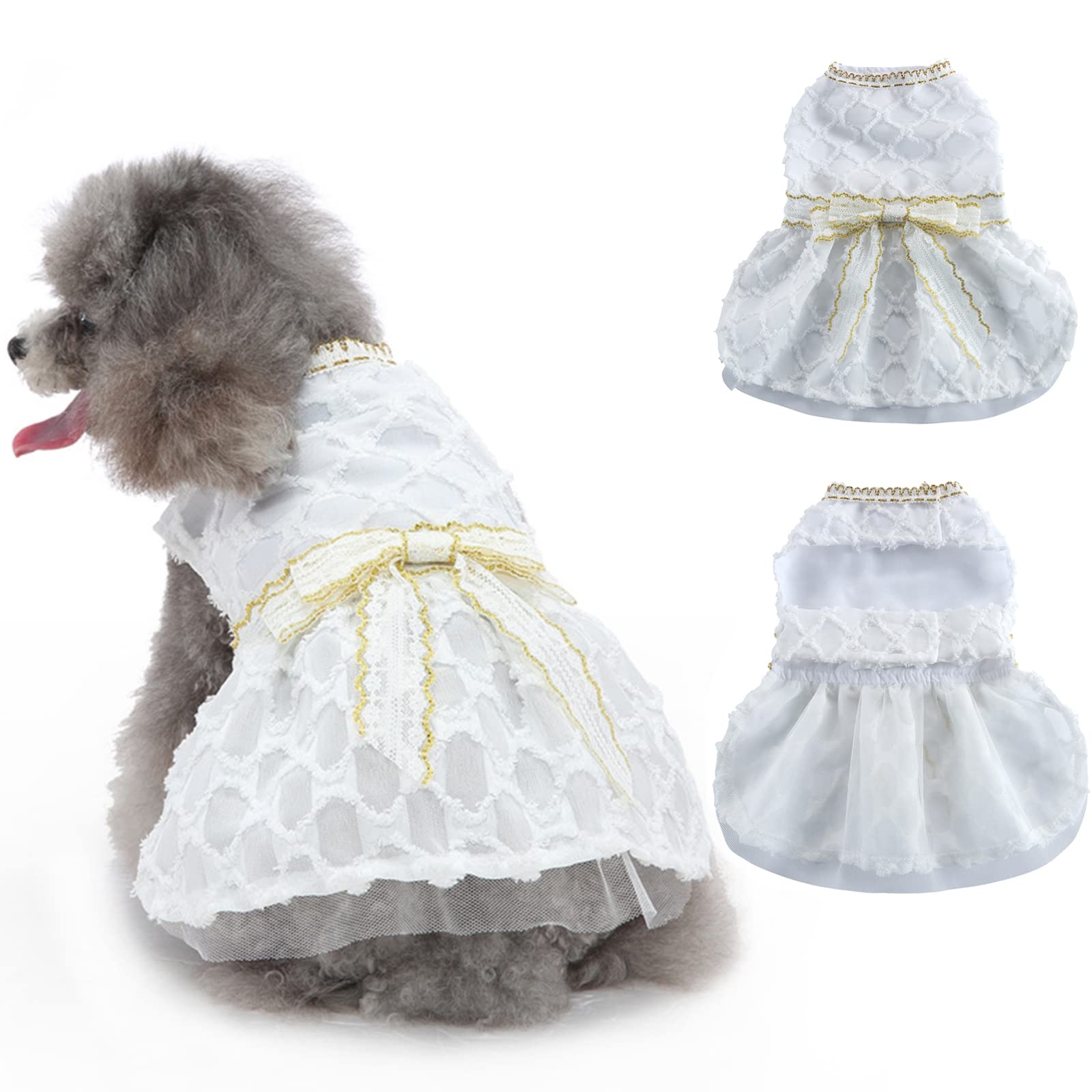 DENTRUN Dog Weddding Dress, Girl Pet Wedding Attire Dog Formal Wear, Mesh Canine Bride Gown Outfit Clothes Puppy Marriage Apparel Dog Tutu Skirt Luxury Lace Bow White Princes Costume