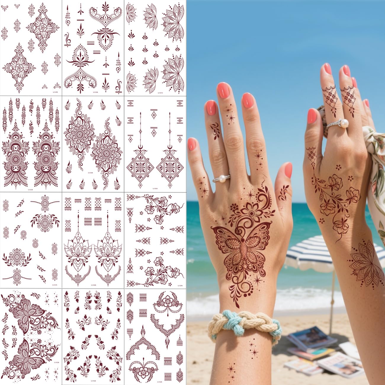 Xmasir Brown Temporary Tattoo Kit, 12 Sheets Waterproof Tattoos Stickers Flower Fake Tattoos for Girls and Women Body Art Sticker
