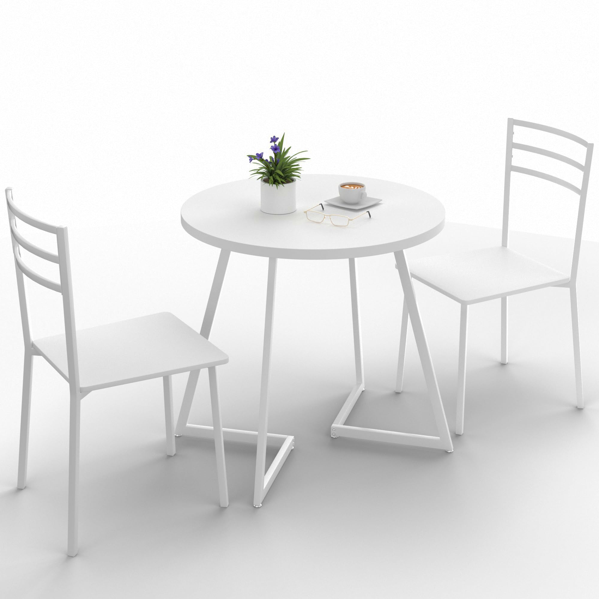 VECELO Small Round Dining Table Set for 2, Wood Marbled Tabletop with ...