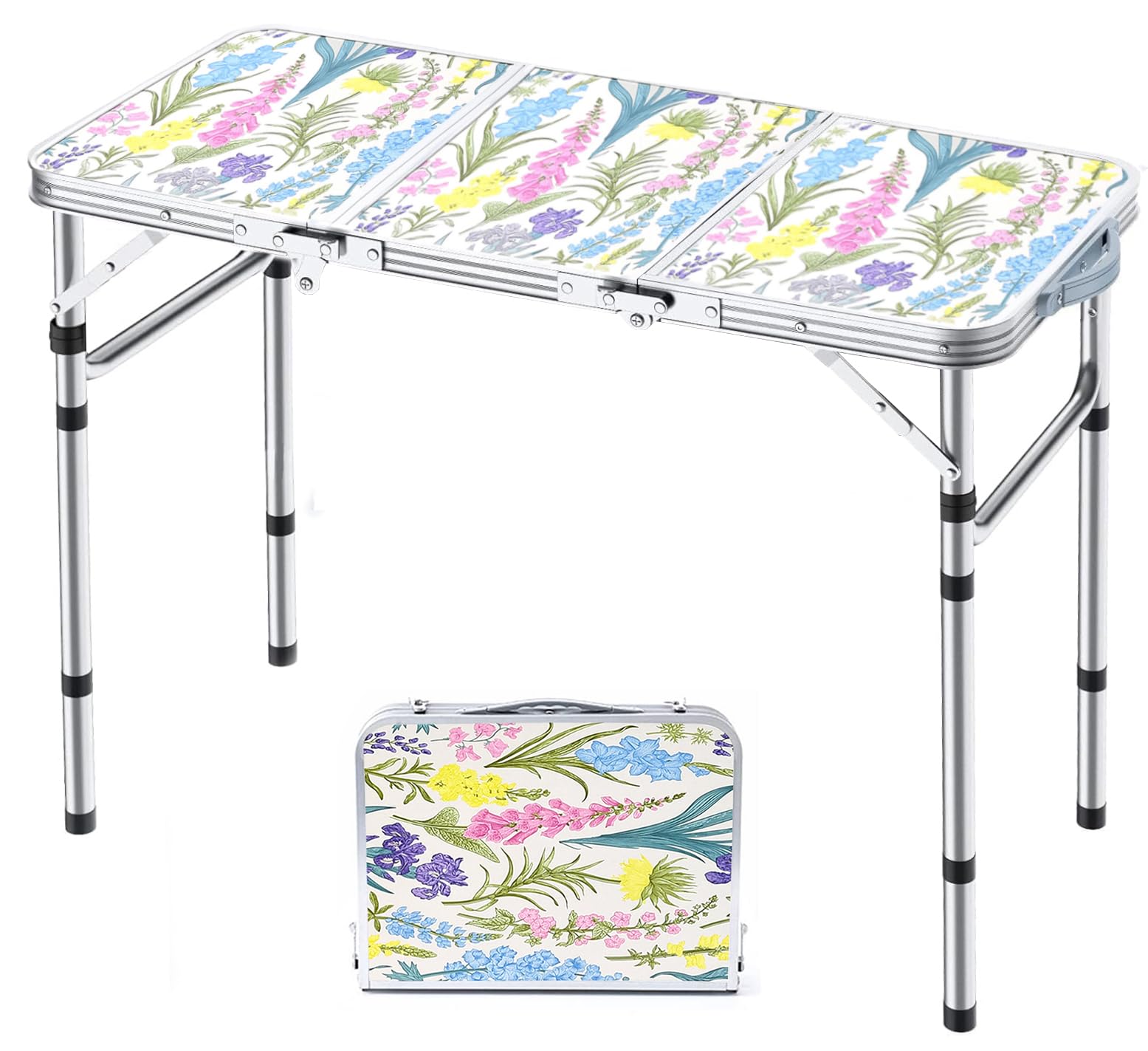 Yriuat Folding Camping Table 3ft Portable Pinic Table Adjustable Height Small Card Table Aluminum Foldable Lightweight with Carry Handle for Outdoor Indoor Hiking Camp BBQ Beach (Blooming Floral)