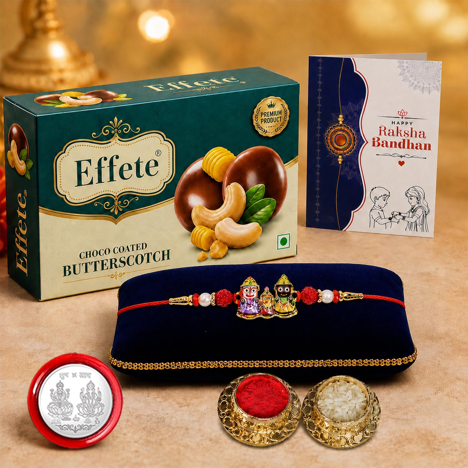 Oblivion Lord Jagannath Multicolor Rakhi for Brother & Bhaiya with Chocolate Butter Scotch 32gm - Raksha Bandhan Gift Set, Roli Tikka, Pooja Coin, Greeting Card | Thoughtful Token, Pack of 5-image-42