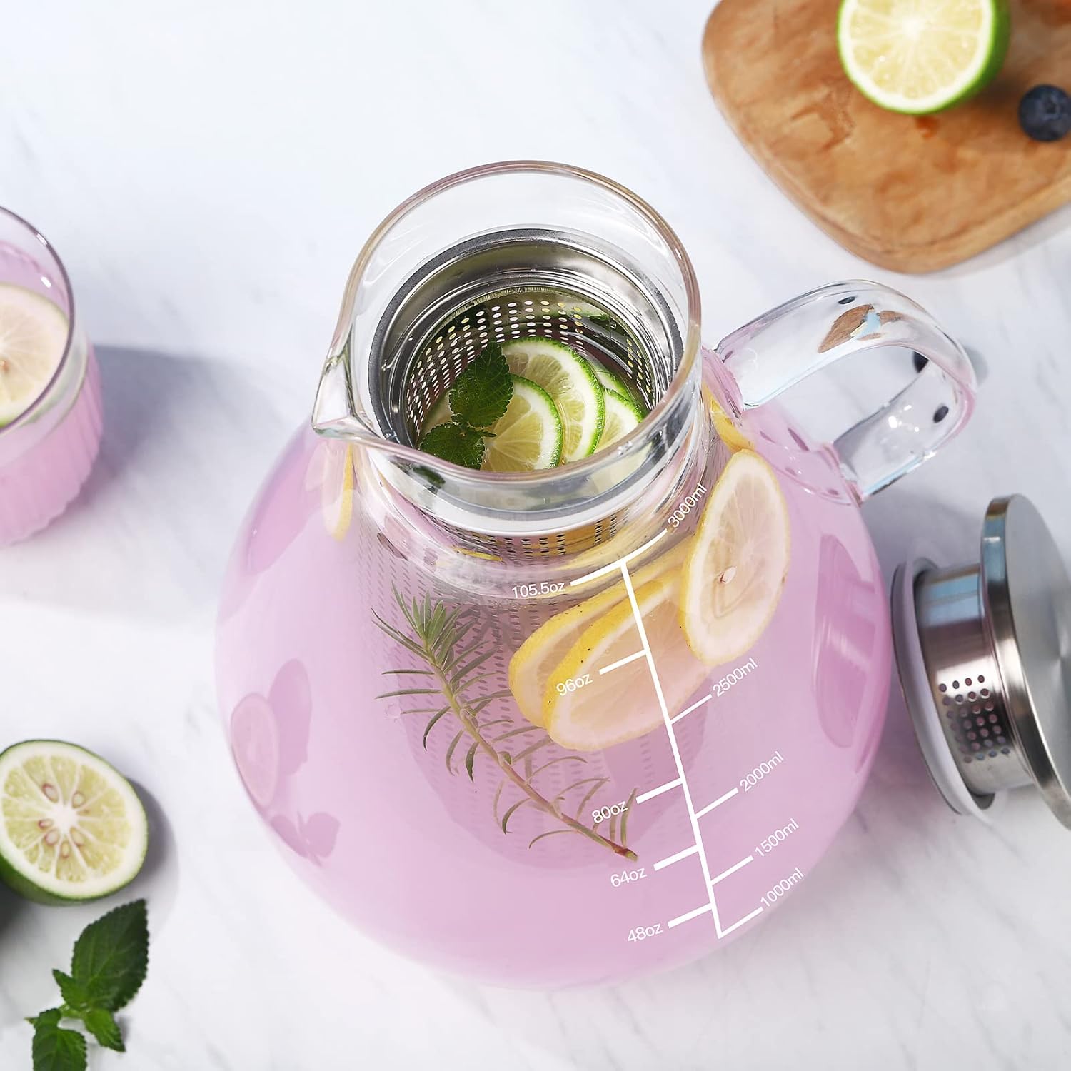 Glass Pitcher - 105.6oz Fruit Infuser Water Pitcher with Removable Lid and Precise Scale Line , 18/8 Stainless Steel Iced Tea Pitcher, Easy Clean Heat Resistant Infusion Pitcher for Cold Hot Beverages : Home & Kitchen