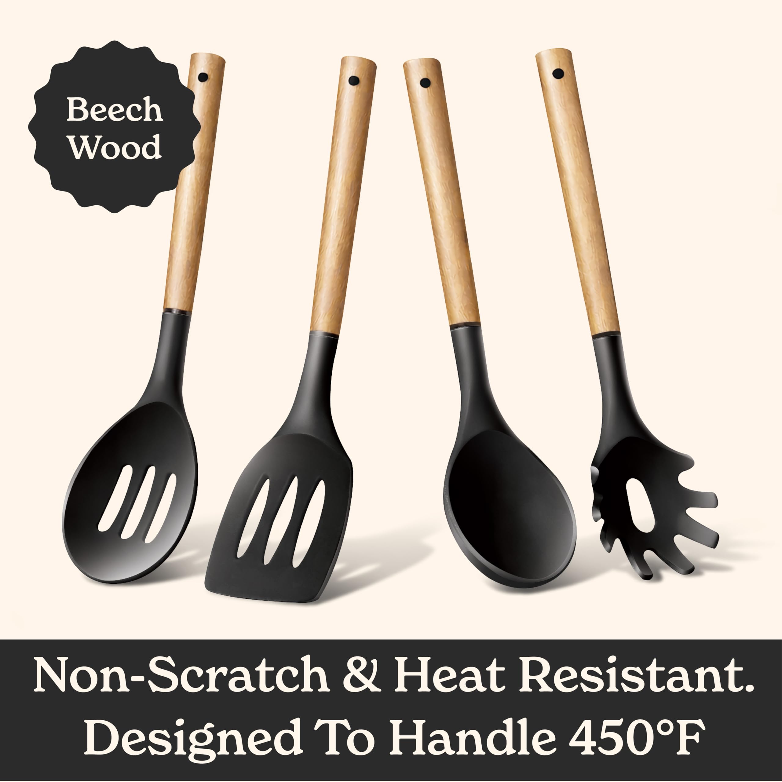 Country Kitchen Juego de 8 utensilios de cocina de silicona y madera, fáciles de limpiar, para utensilios antiadherentes y antirayones, perfecto para regalos