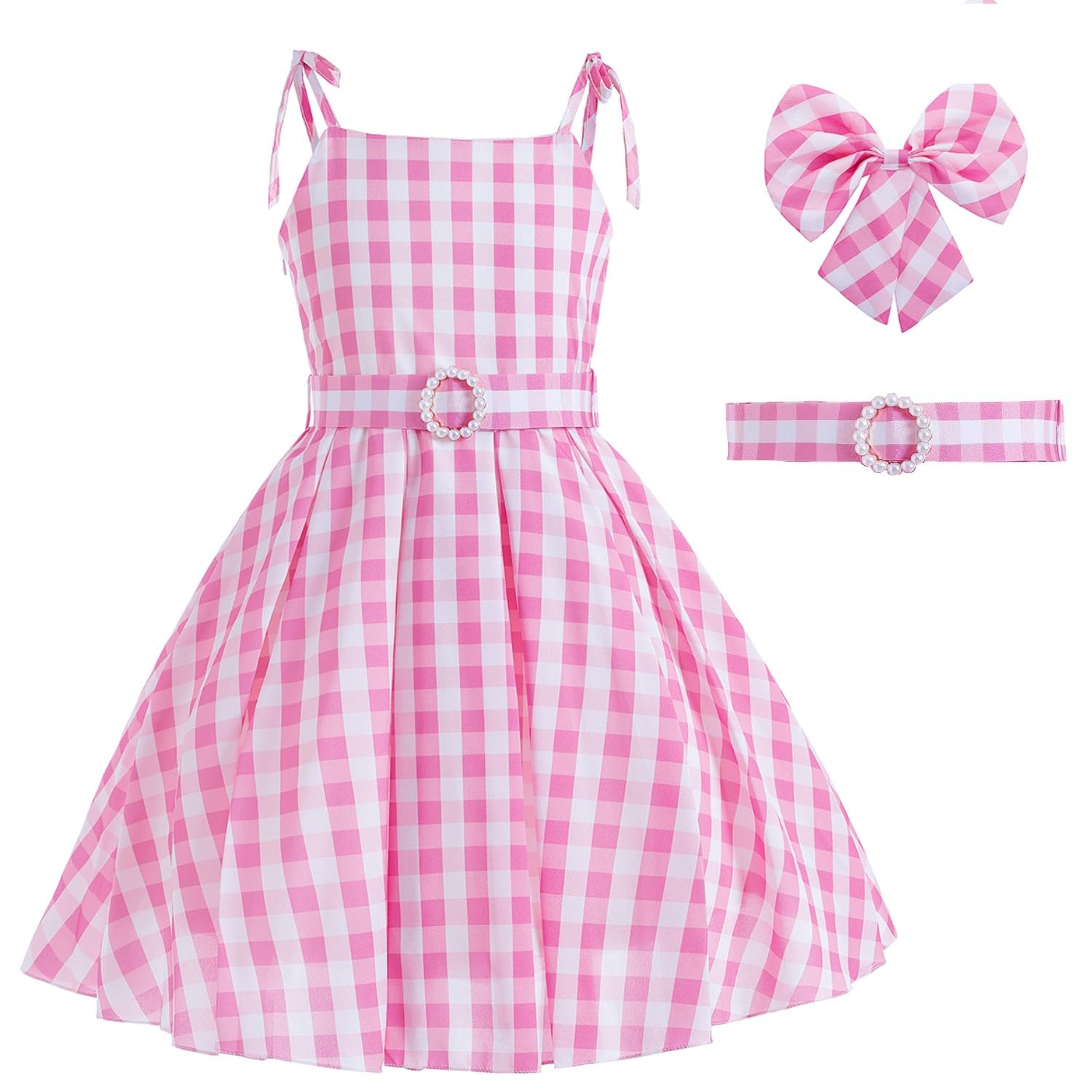 AODOKAT Girls Princess Costume Pink Plaid Dress With Accessories Movie Cosplay Dresses Pink Princess Costume Fancy Dress Up Kids Outfits Carnival Halloween (Dress Only, 2-3 Years (100))