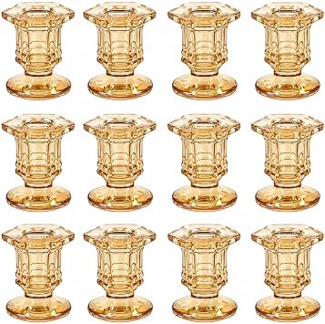 Lanttu Glass Candle Holders Set, 12 Pcs Amber Candlestick Holders Bulk, Taper Candle Holders for Wedding, Festival Table Centerpiece,Home Decoration