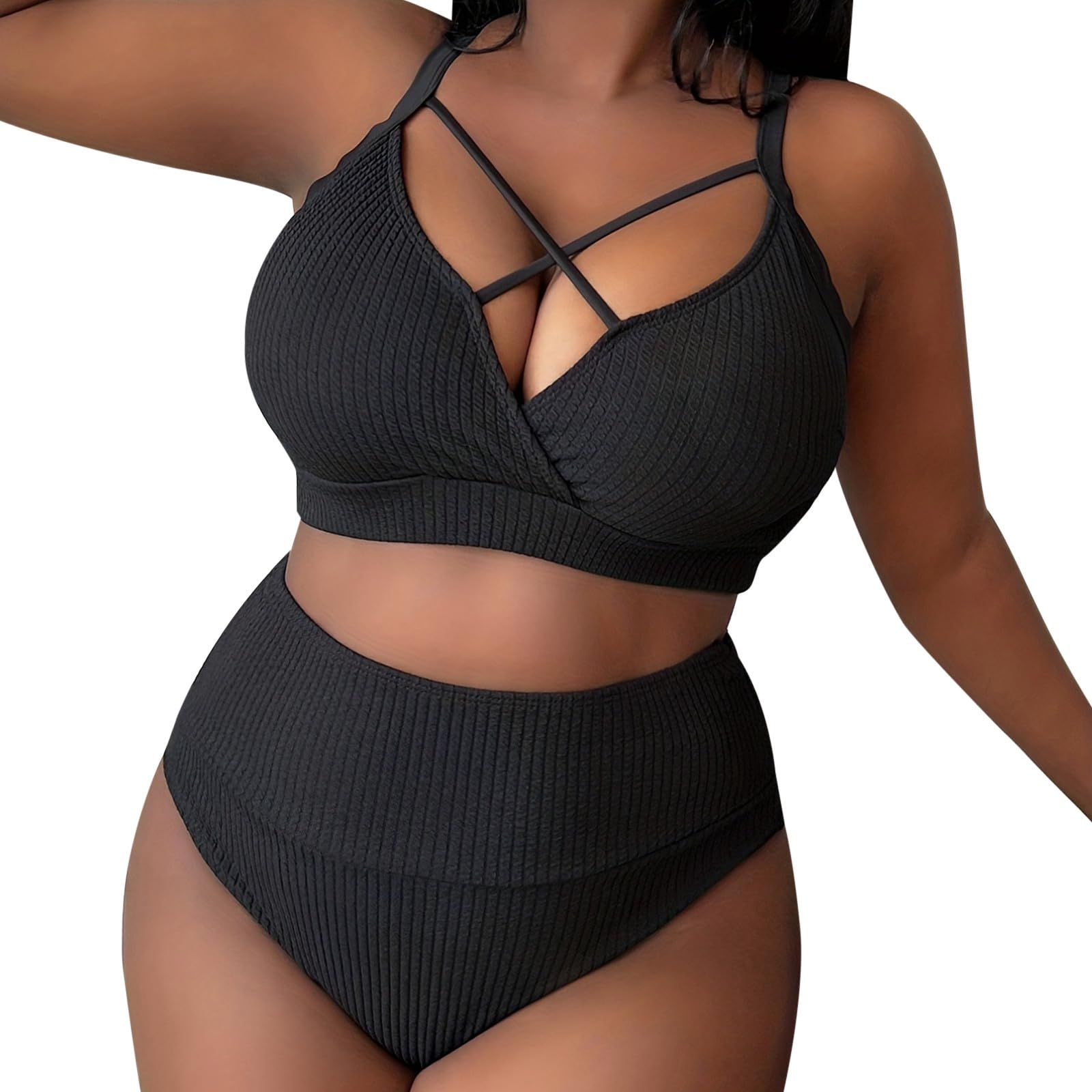 Genérico 2026 Bañador Bikini Mujer Amazon Espagne 2024 Traje de baño Sexy Talla Grande con Tirantes Color sólido y Cintura Alta para Mujer (Black, XL)
