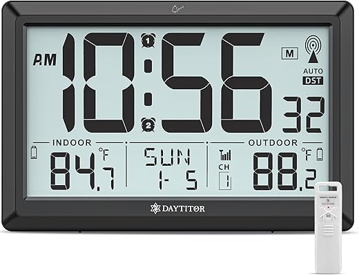 Atomic Clock Wall with Indoor/Outdoor Temp, Battery Operated Digital Wall Clock with 10.5 Large LCD Display, 330ft Range Desk Table Clock with Alarm, DST, Calendar for Living Room Bedrooms, Black