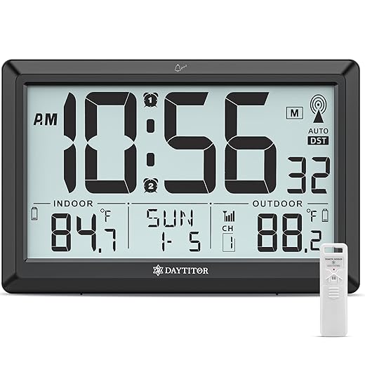 Atomic Clock Wall with Indoor/Outdoor Temp, Battery Operated Digital Wall Clock with 10.5" Large