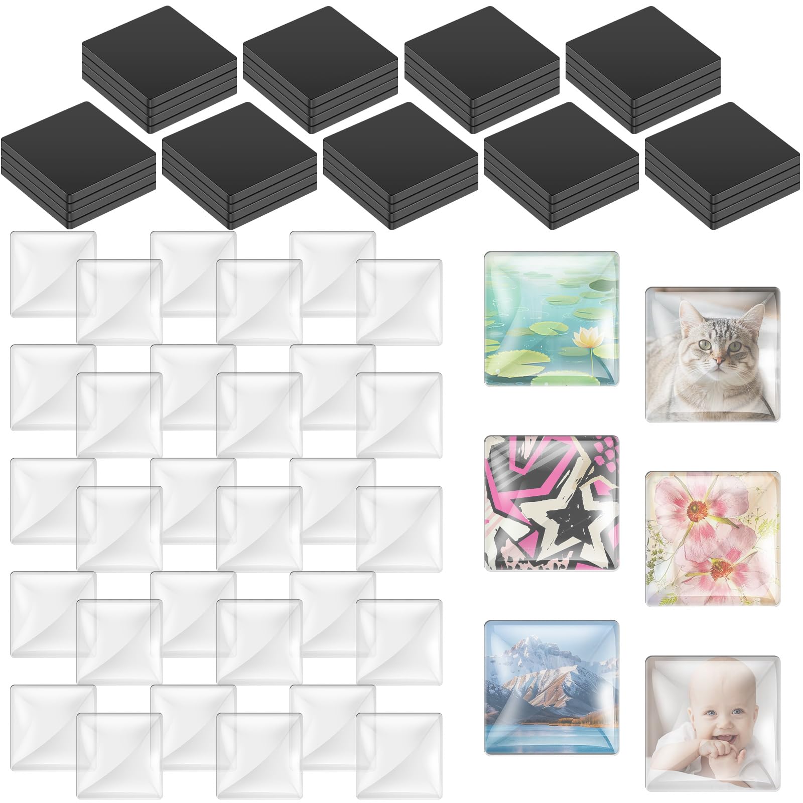 Kuanght Square Shape 36 Pieces Fridge Magnets Craft Set With Transparent Glass Cabochons, Glass Refrigerator Magnet For Craft Diy Fridge Office Locker Whiteboard Making(Square Shape)